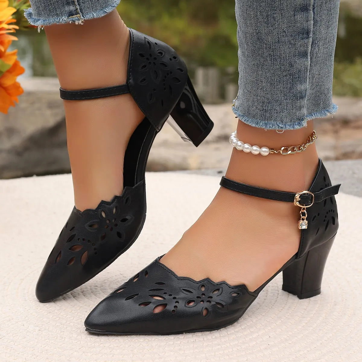 Cutout Point Toe Block Heels Sandals