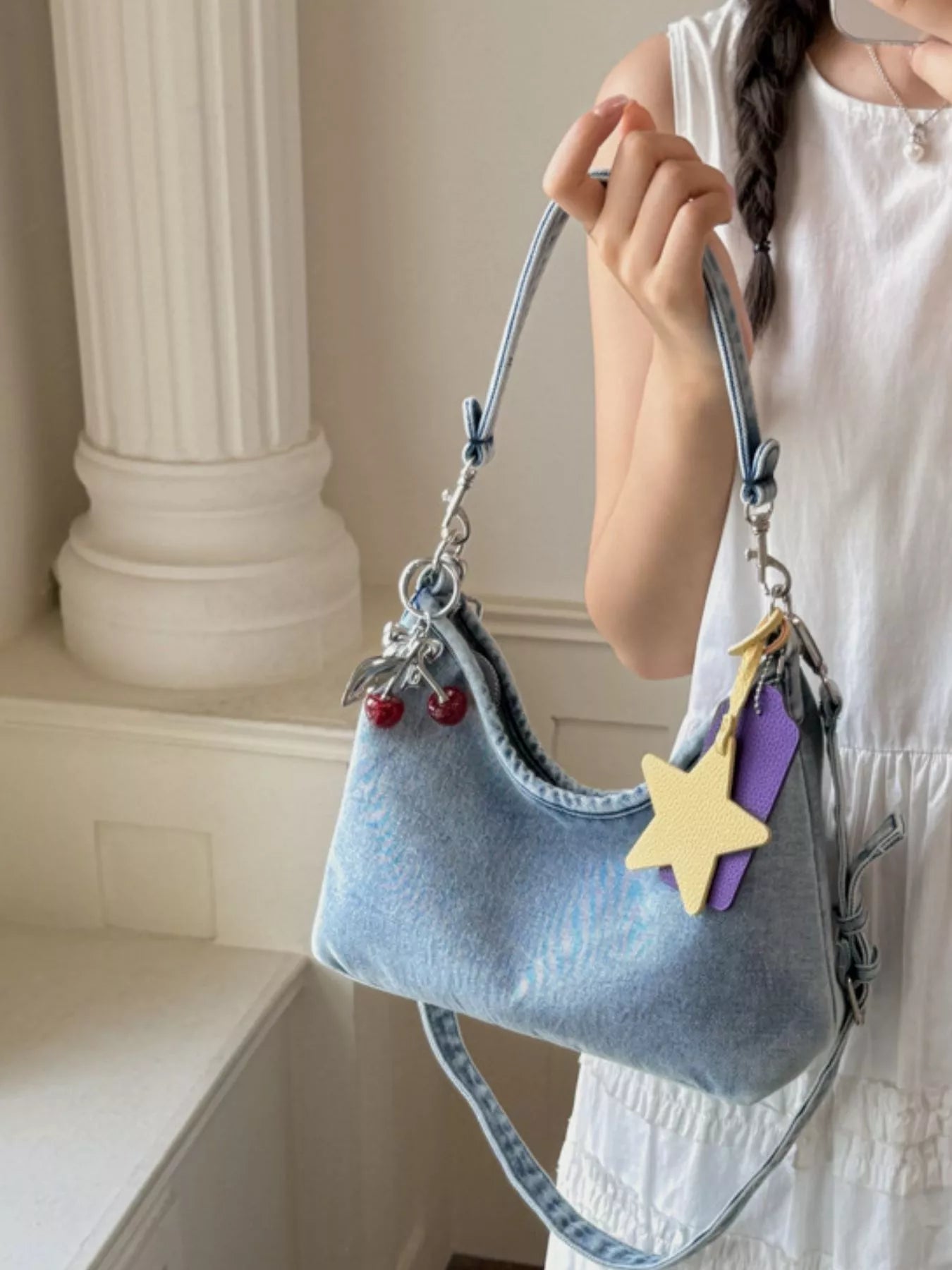 Star Charm Denim Shoulder Bag
