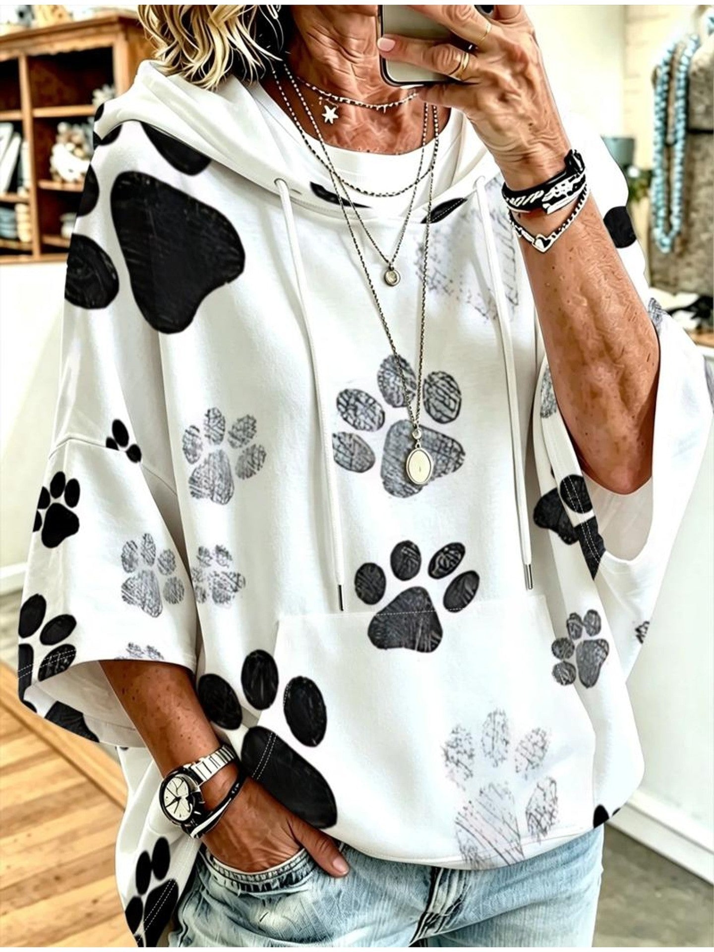 Women's Graphic Print Drawstring Hoodie – Three-Quarter Sleeves