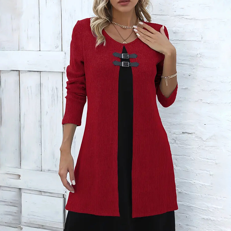 Women's Color-Block Midi Dress, Long Sleeve Faux Two-Piece Daily Dress (See size chart where applicable)