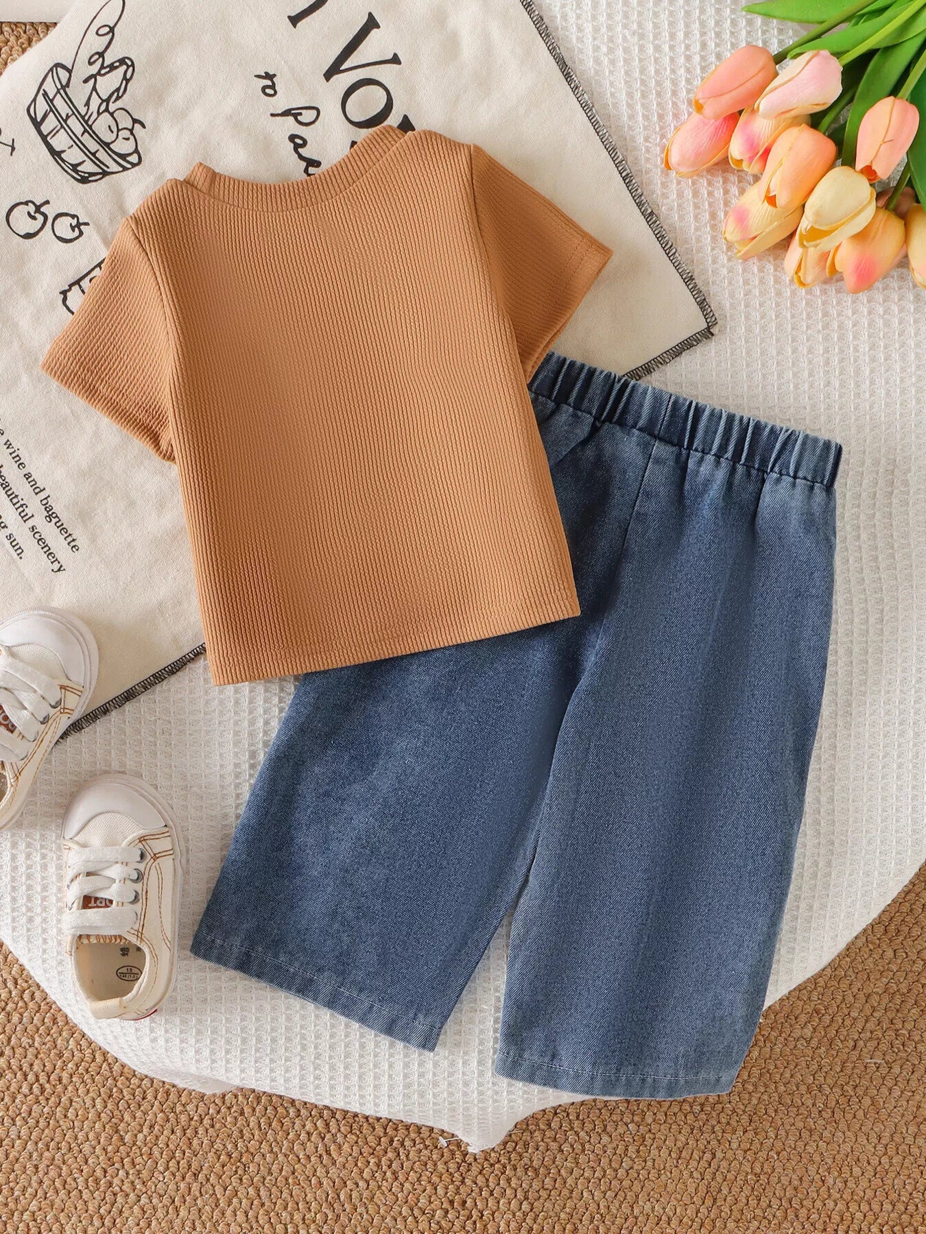 Children's Round Neck Top and Flower Jeans Set