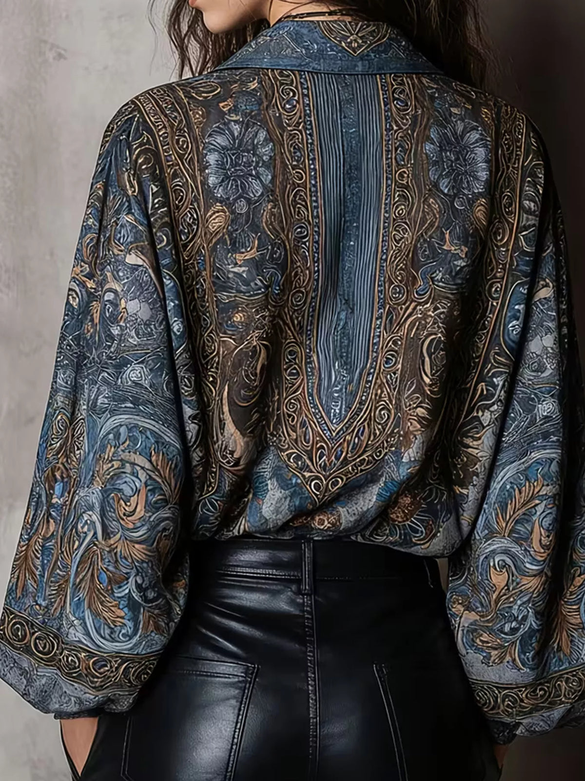 Full Size Vintage Print Long Sleeve Oversized Blouse Plus Size