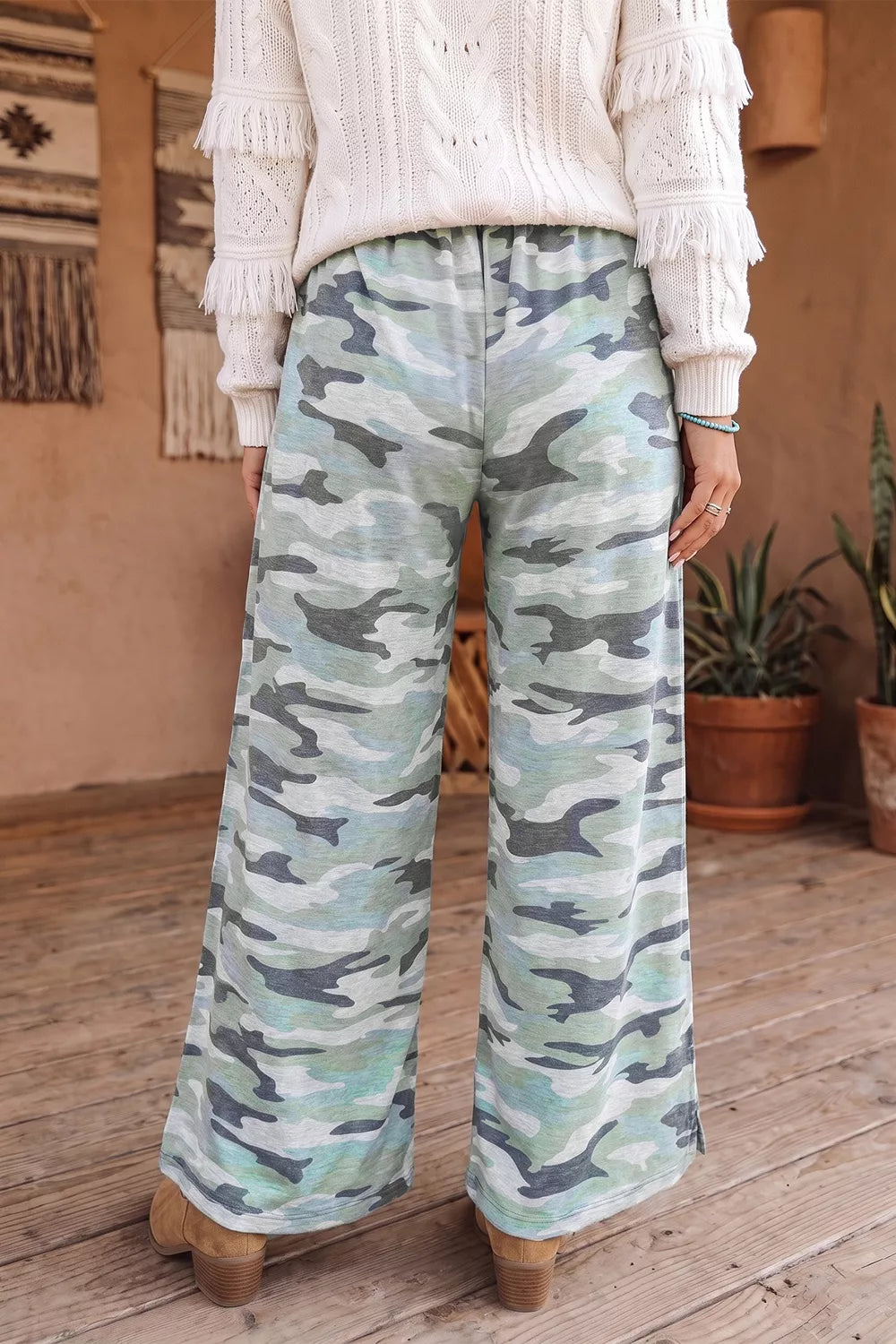 Camouflage Wide-Leg Drawstring Pants
