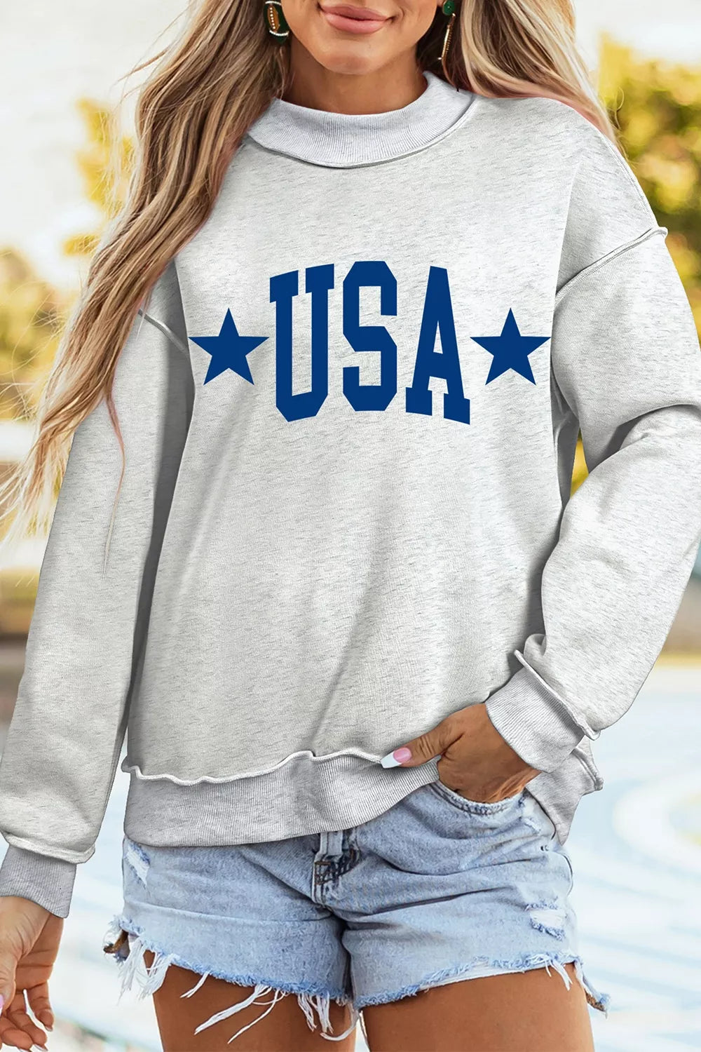 Mock Neck USA Slogan Graphic Sweatshirt