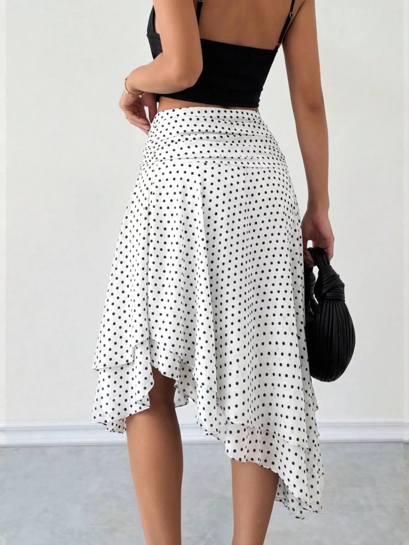 Polka Dot Asymmetrical Hem Midi Skirt