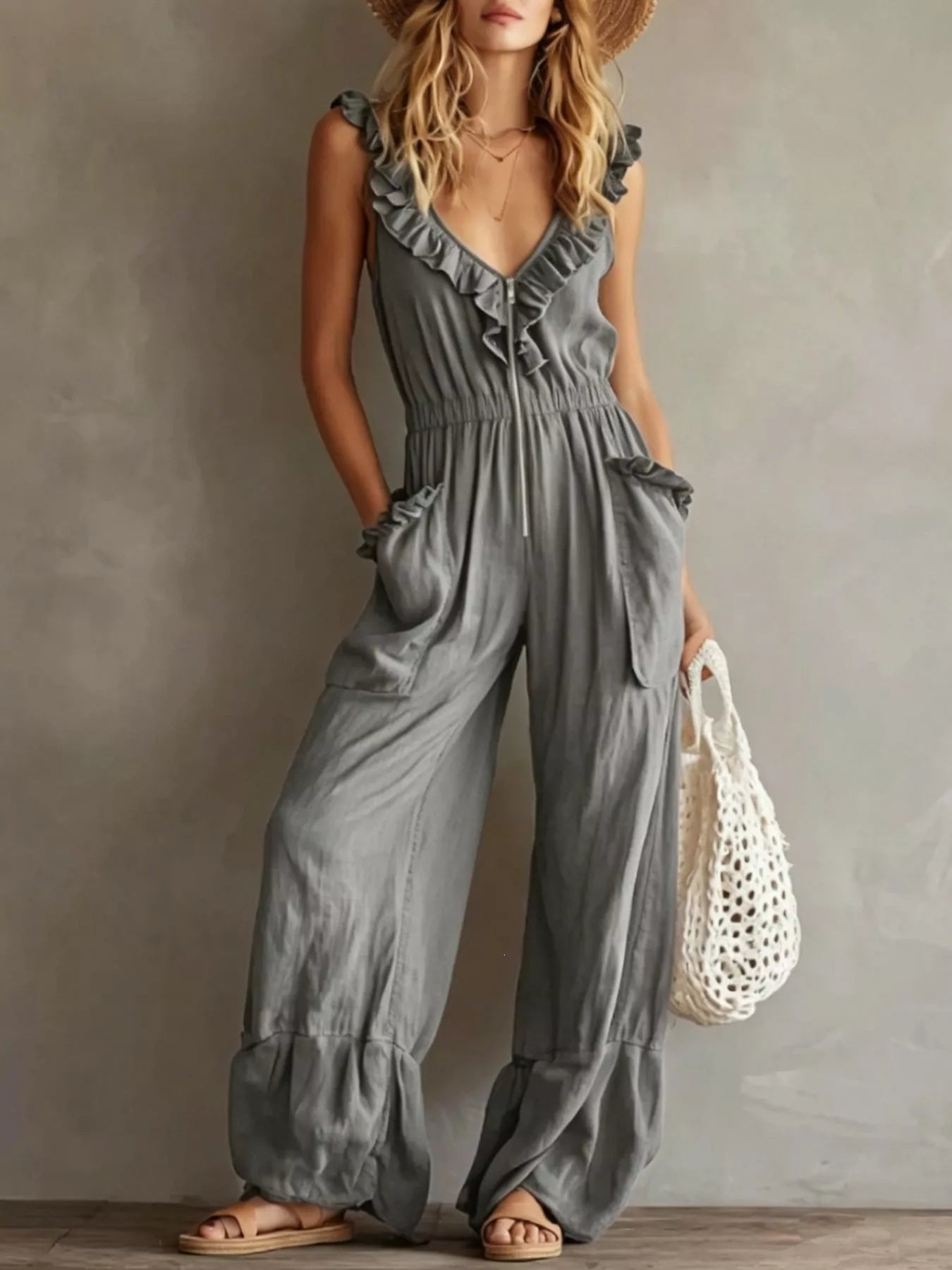 Ruffled V-Neck Wide Leg Jumpsuit