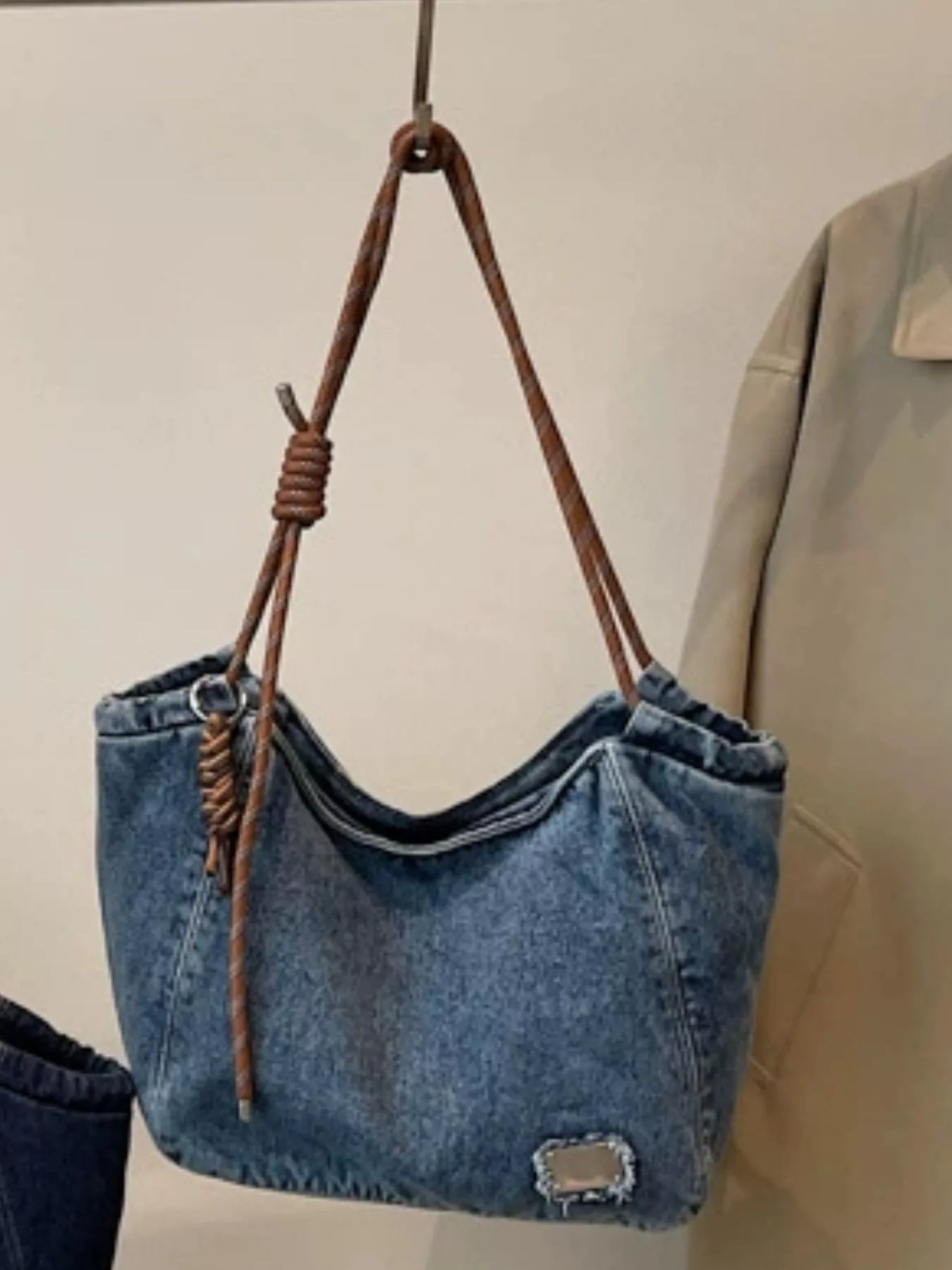 Denim Hobo Tote Bag with Rope Strap