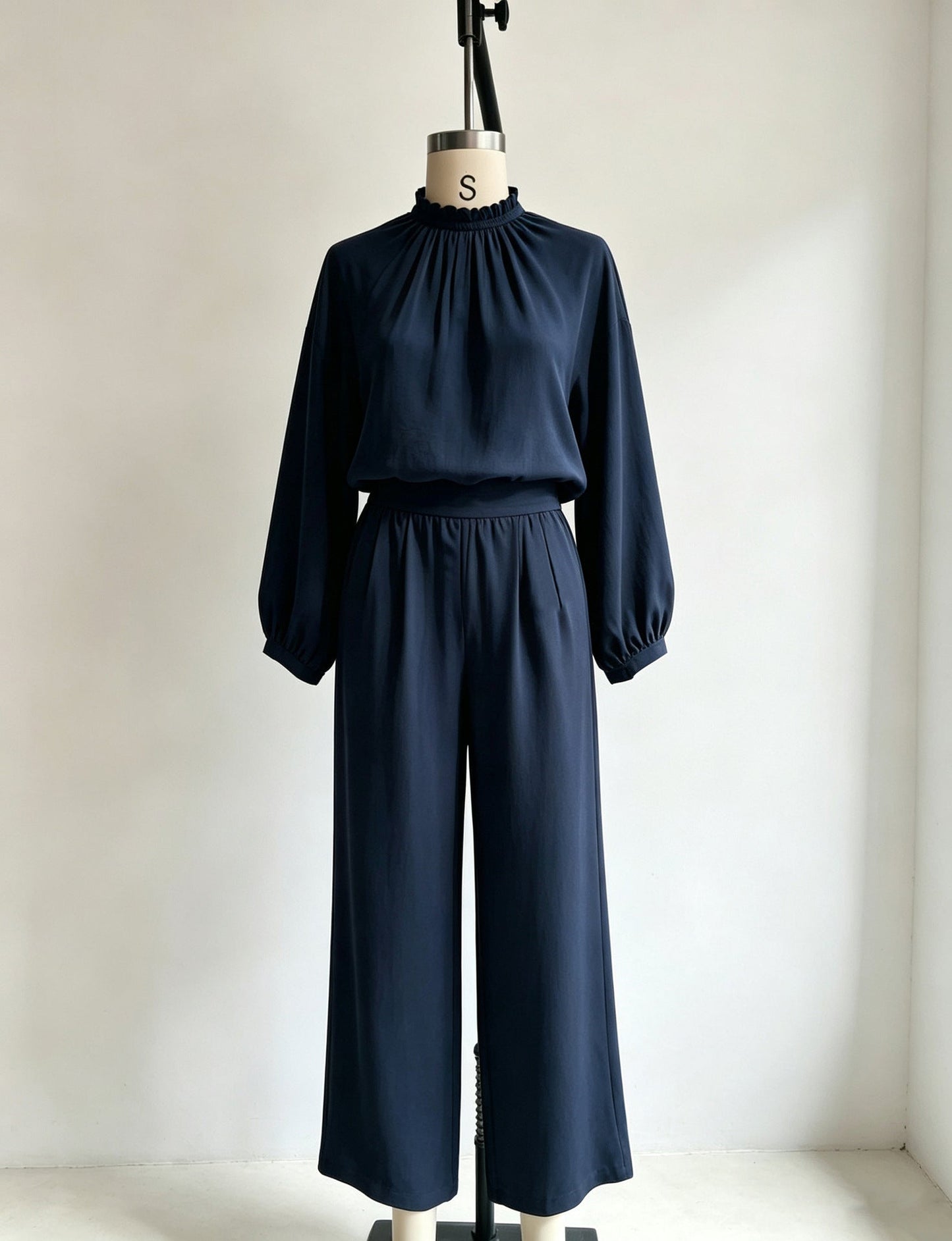 Women's Stand-Up Collar Puff Sleeve Blouse & Wide-Leg Pants Set