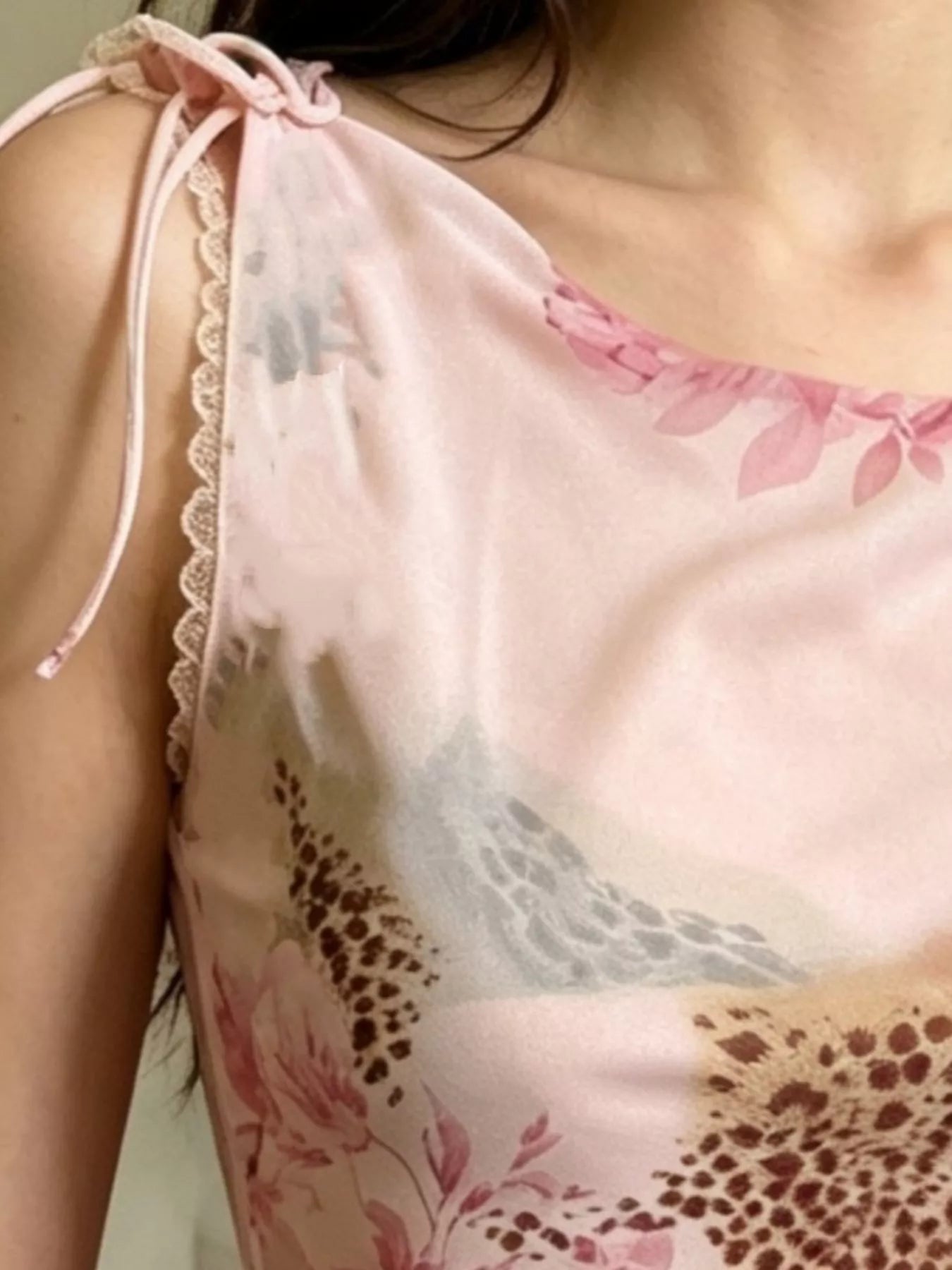 Floral Leopard Print Tie-Strap Mesh Cami