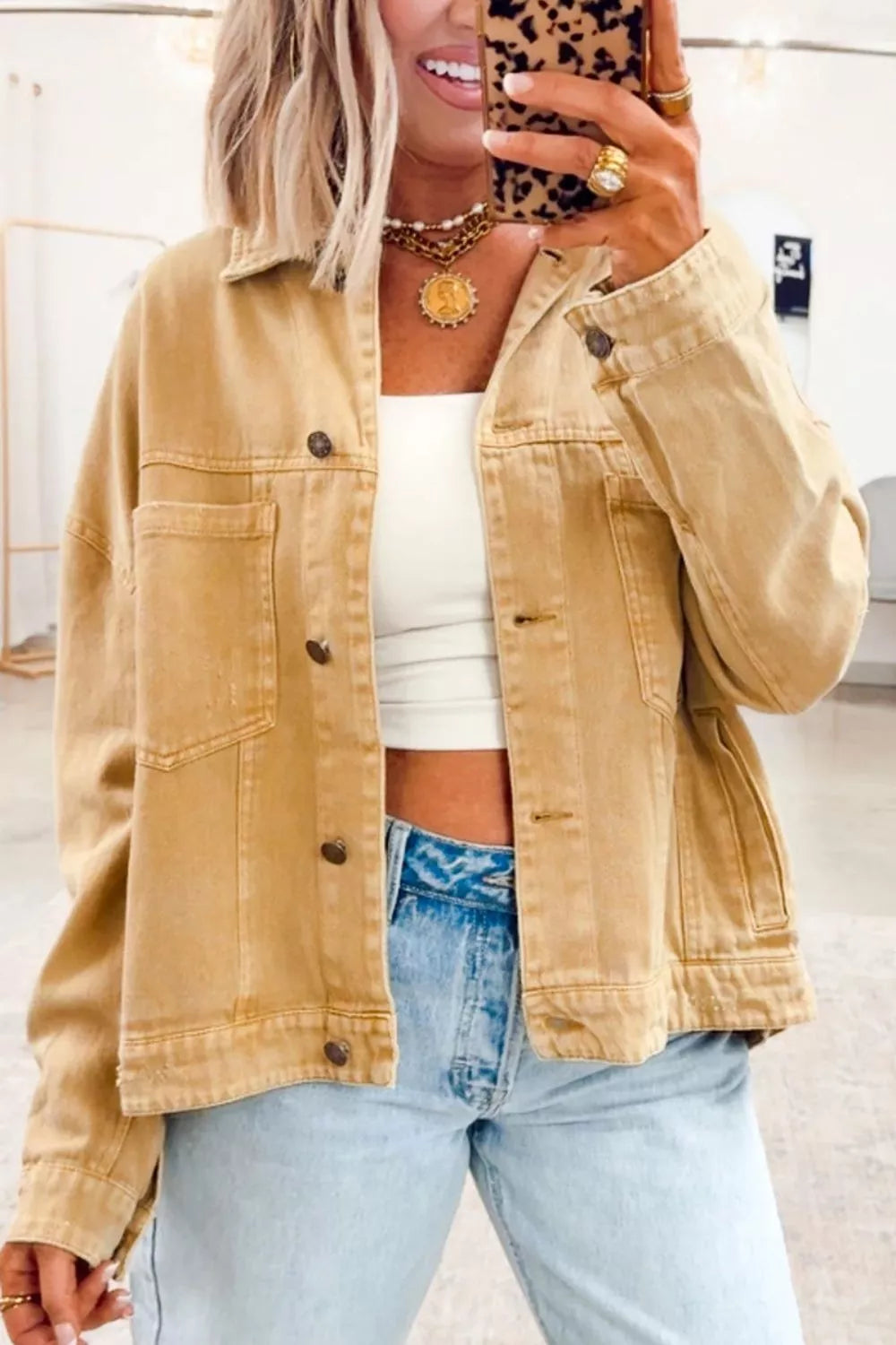 Metal Button Front Long Sleeve Collar Denim Jacket