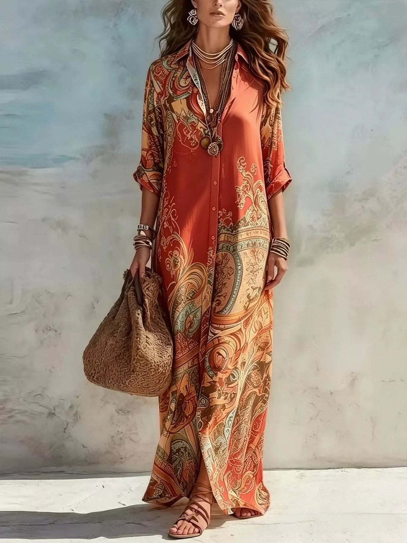 Full Size Printed Button Down Roll-Up Sleeve Shirt Maxi Dress Plus Size