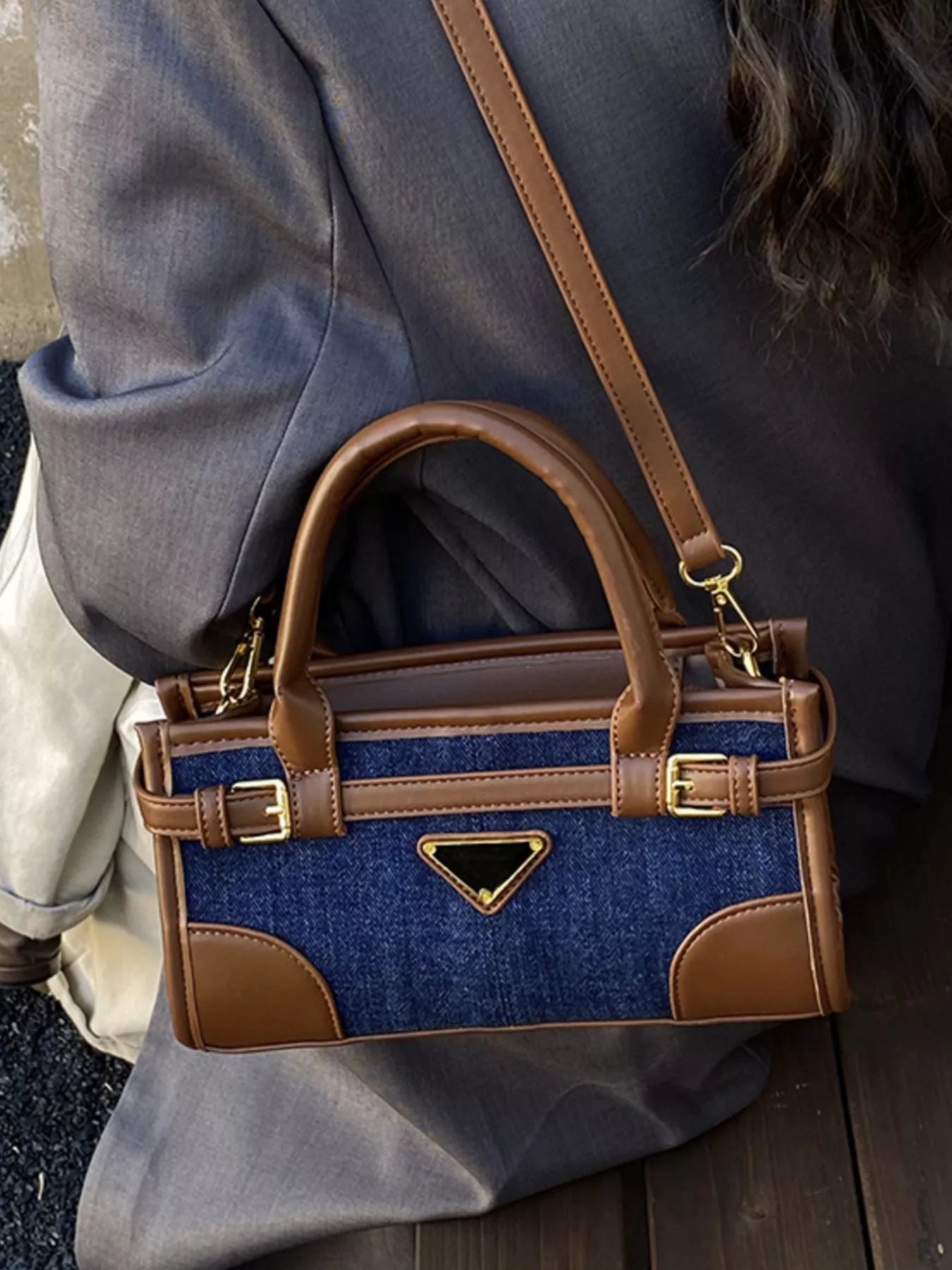 Denim Patchwork Buckle Decor Crossbody Bag