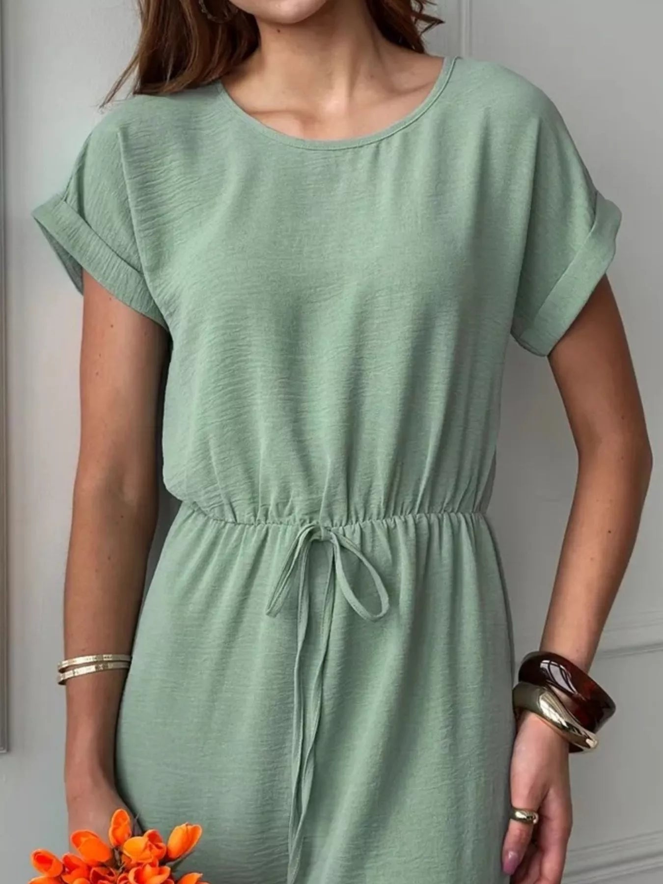 Casual Drawstring Waist Midi Dress