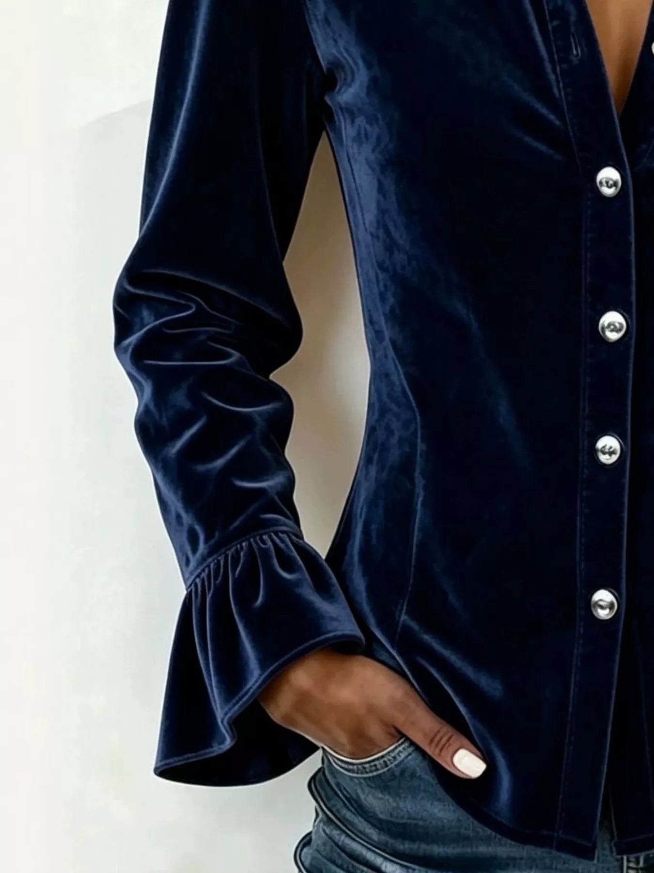 Full Size Velvet Button Up Flare Sleeve Shirt Plus Size