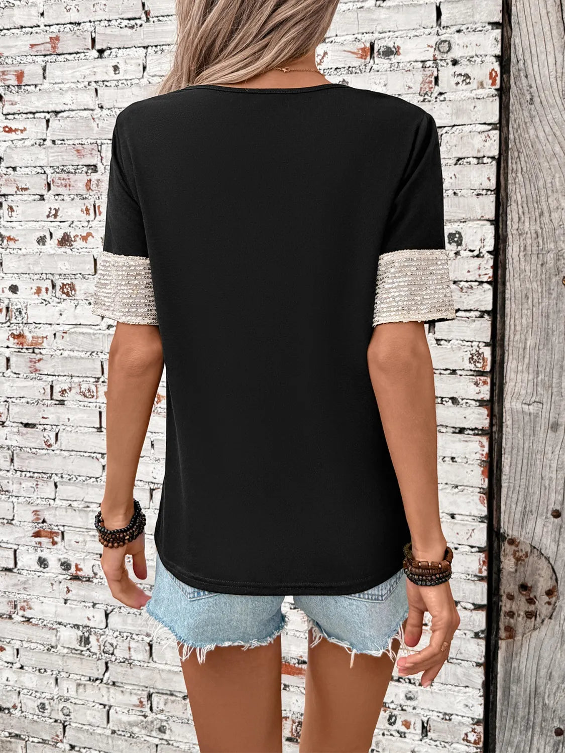 Sequin V-Neck Short Sleeve T-Shirt