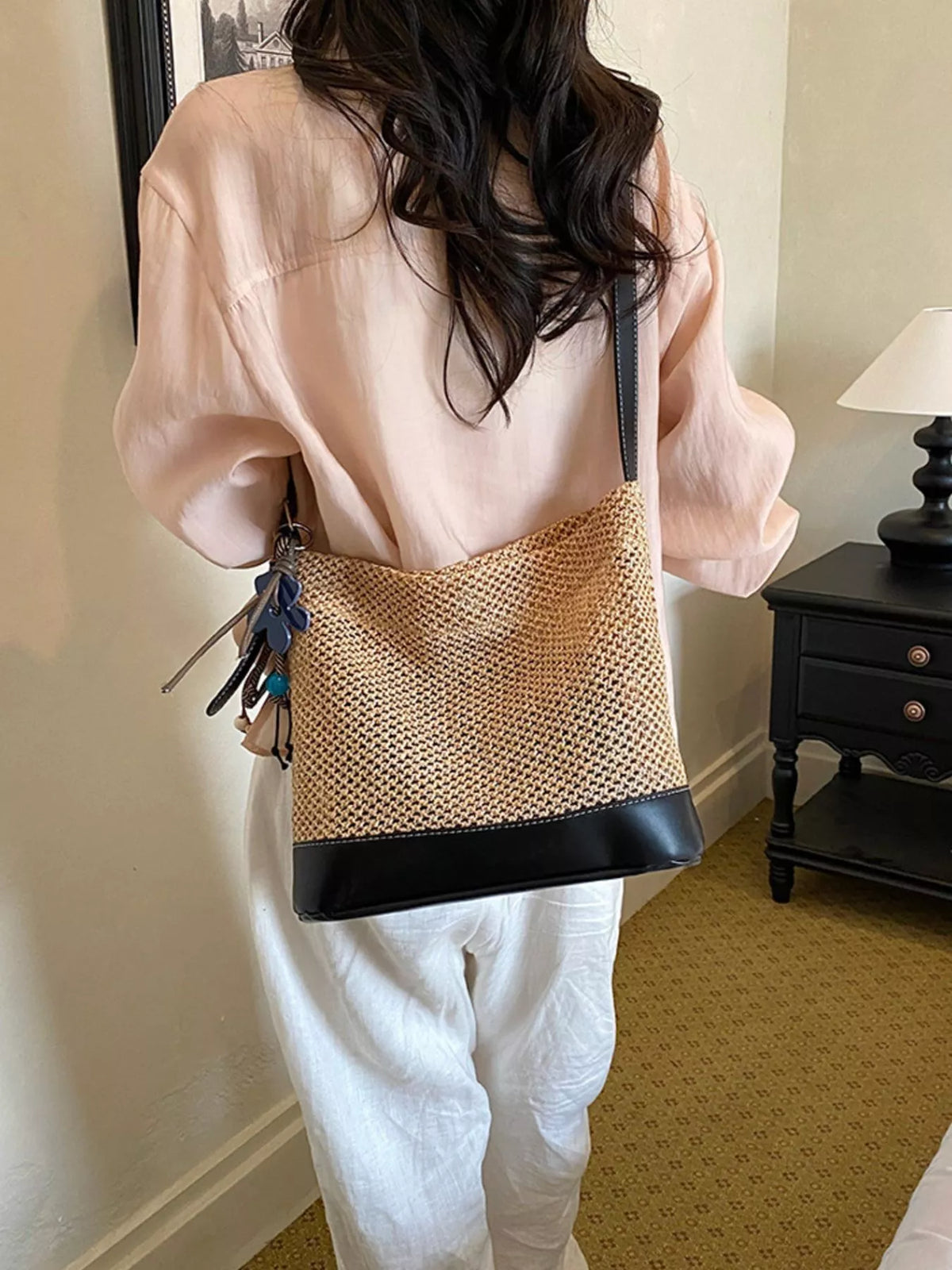 Leather Trim Woven Shoulder Bag