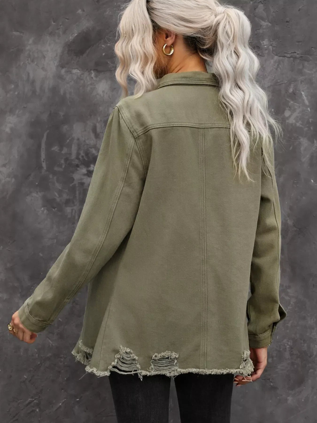 Raw Hem Distressed Denim Shirt Jacket