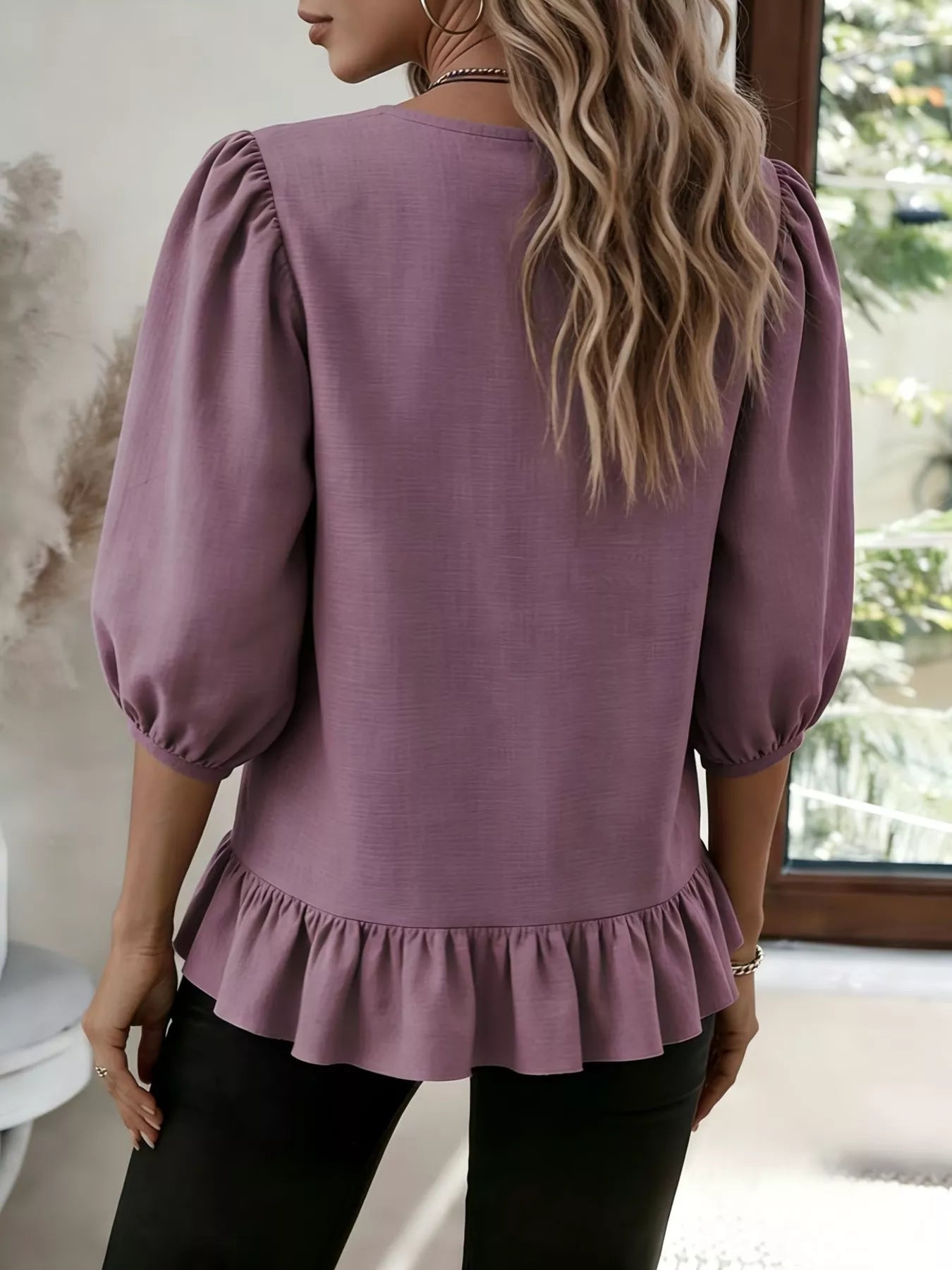 Casual Puff Sleeve Ruffle Hem Blouse