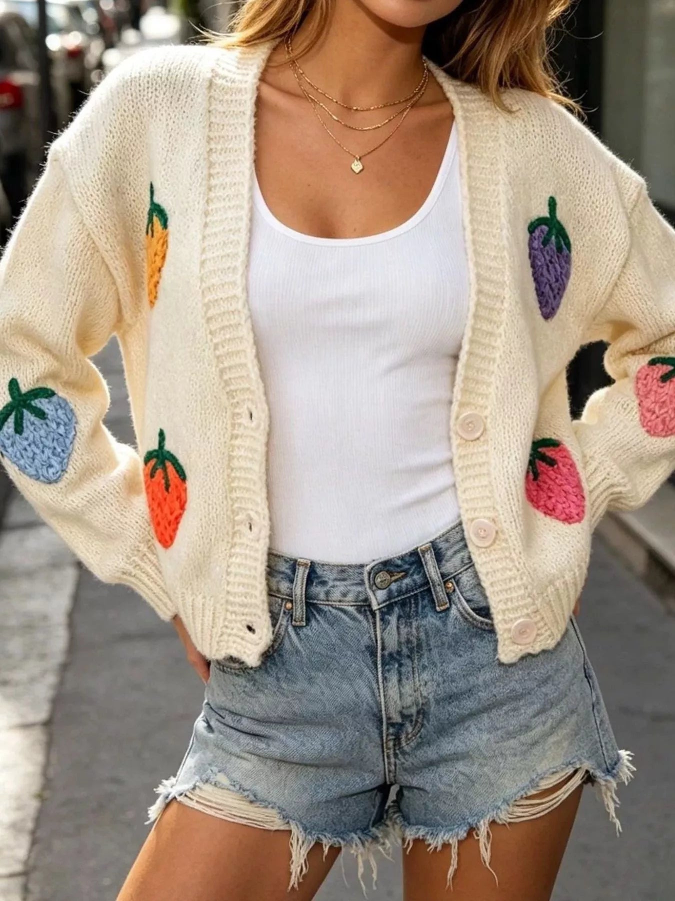 Full Size Fruit Applique Knit Cardigan Plus Size