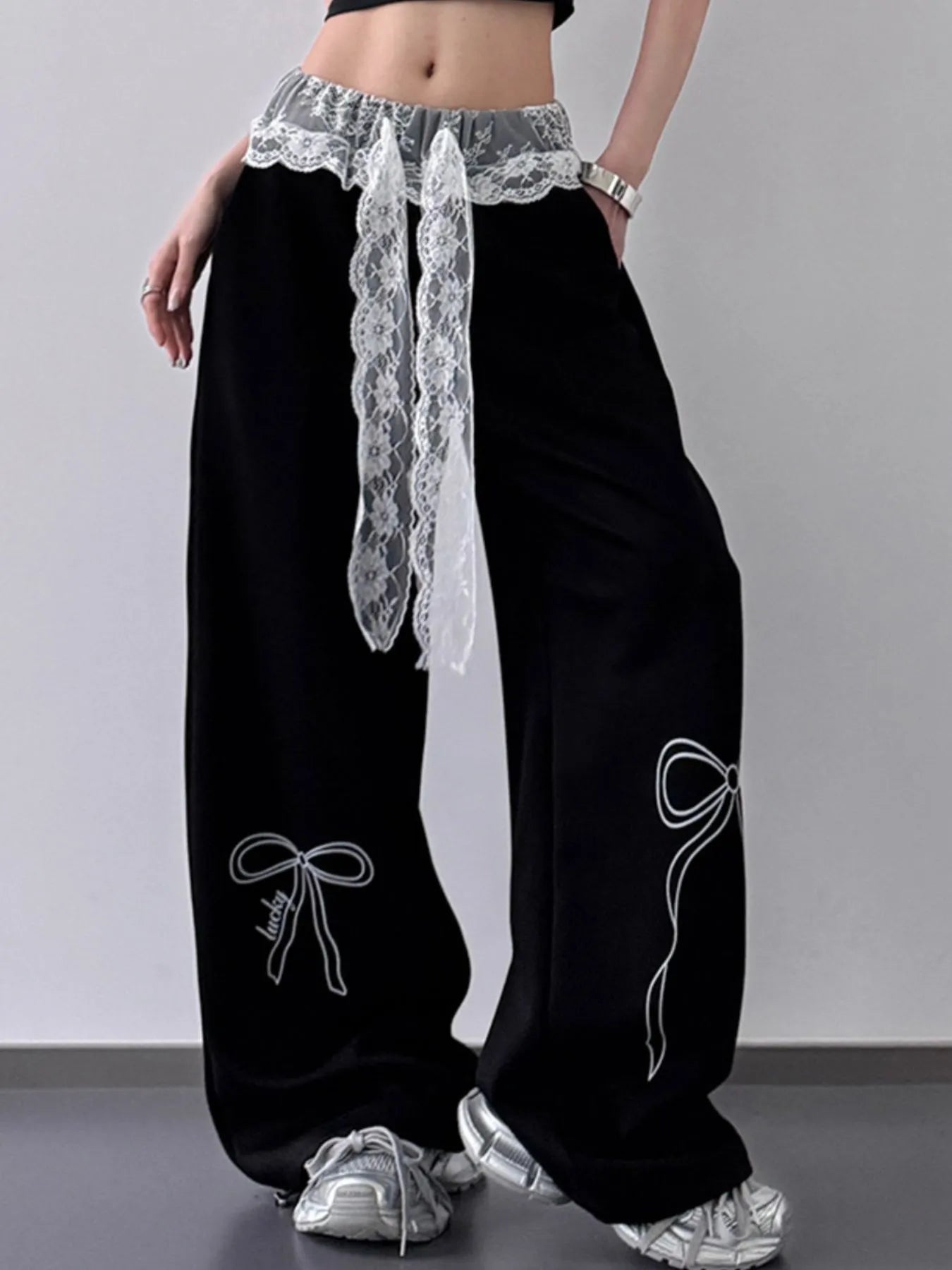 Wide Leg Pants with Lace Belt Detail
