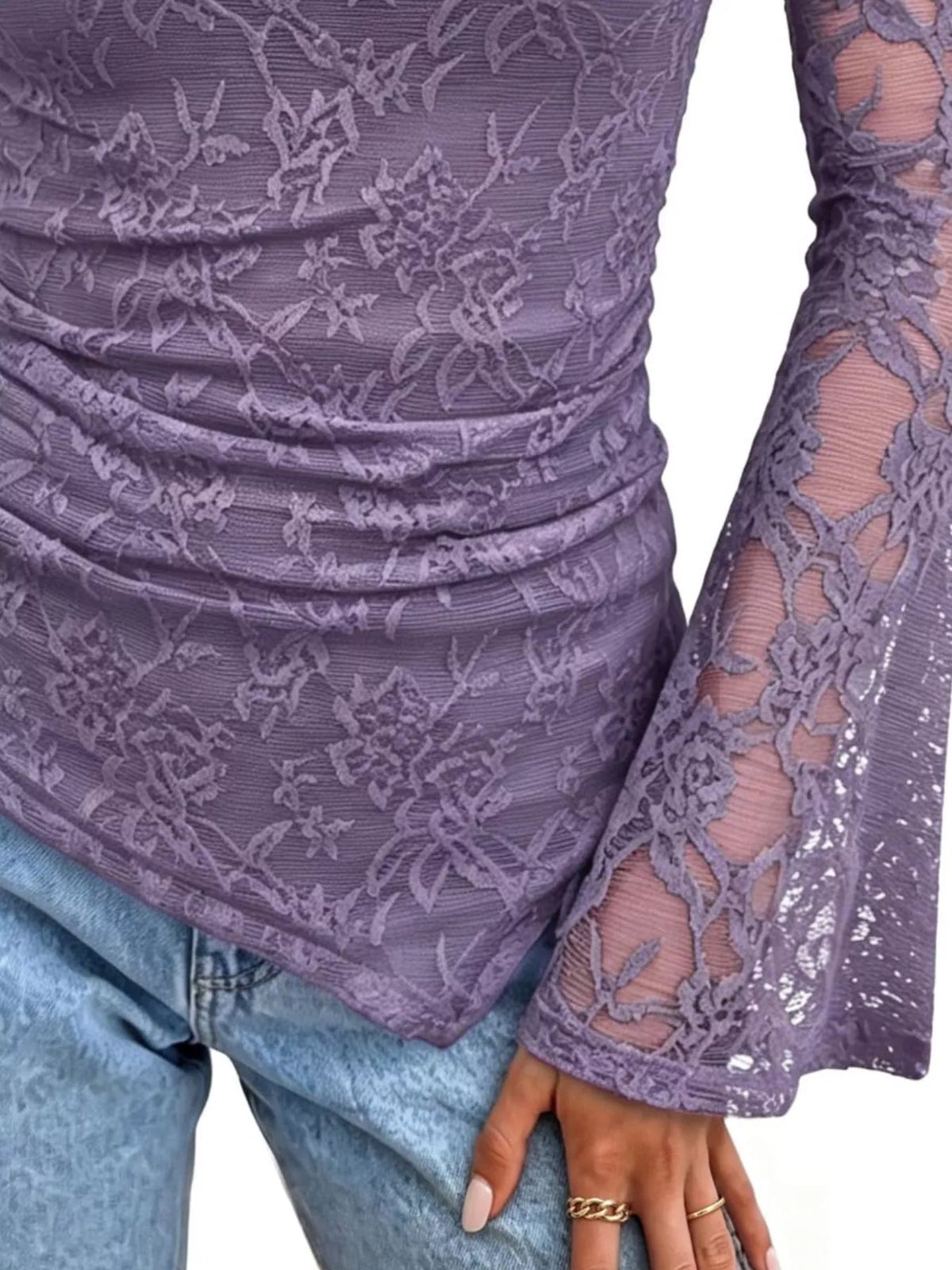 Floral Lace Long Sleeve Blouse with Flared Cuffs