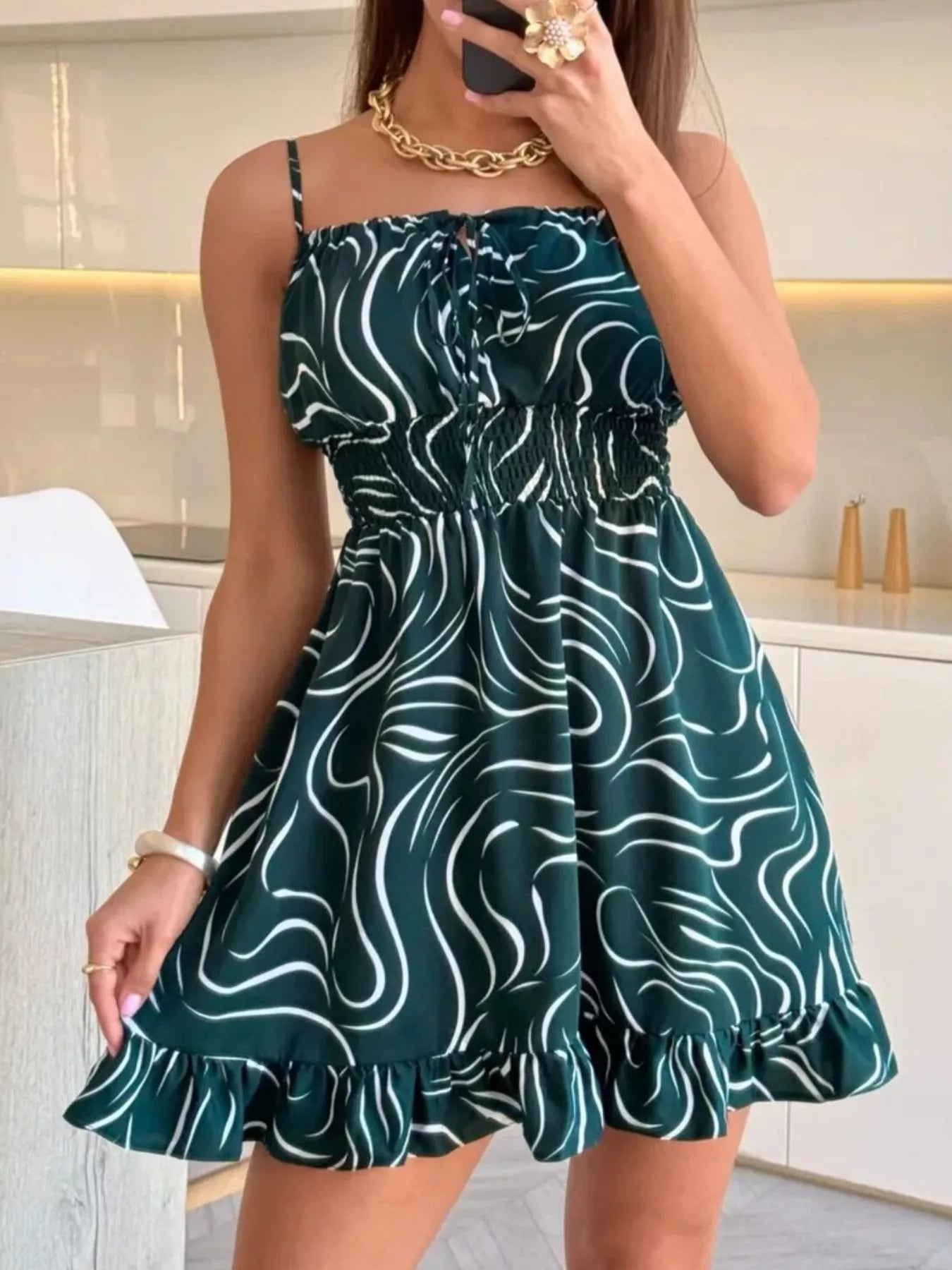 Spaghetti Strap Ruffle Hem Mini Dress with Abstract Print