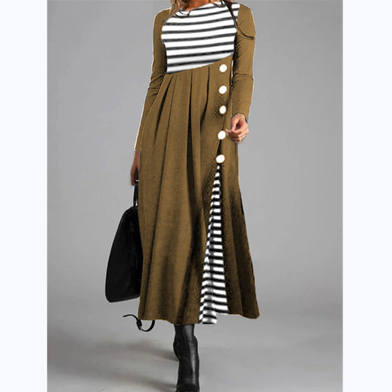 Fashion Retro Large Size Slim Hepburn Striped Dress