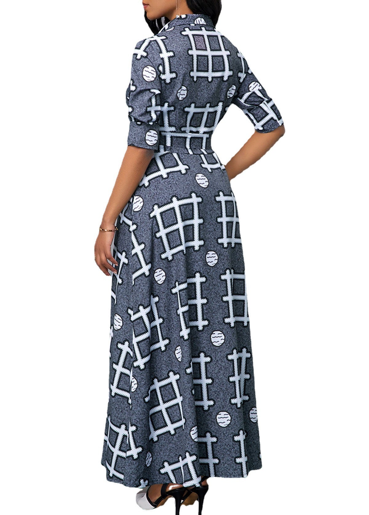New Personality Printing Lapel Single-breasted Long-sleeved Plus Size Dress In Stock