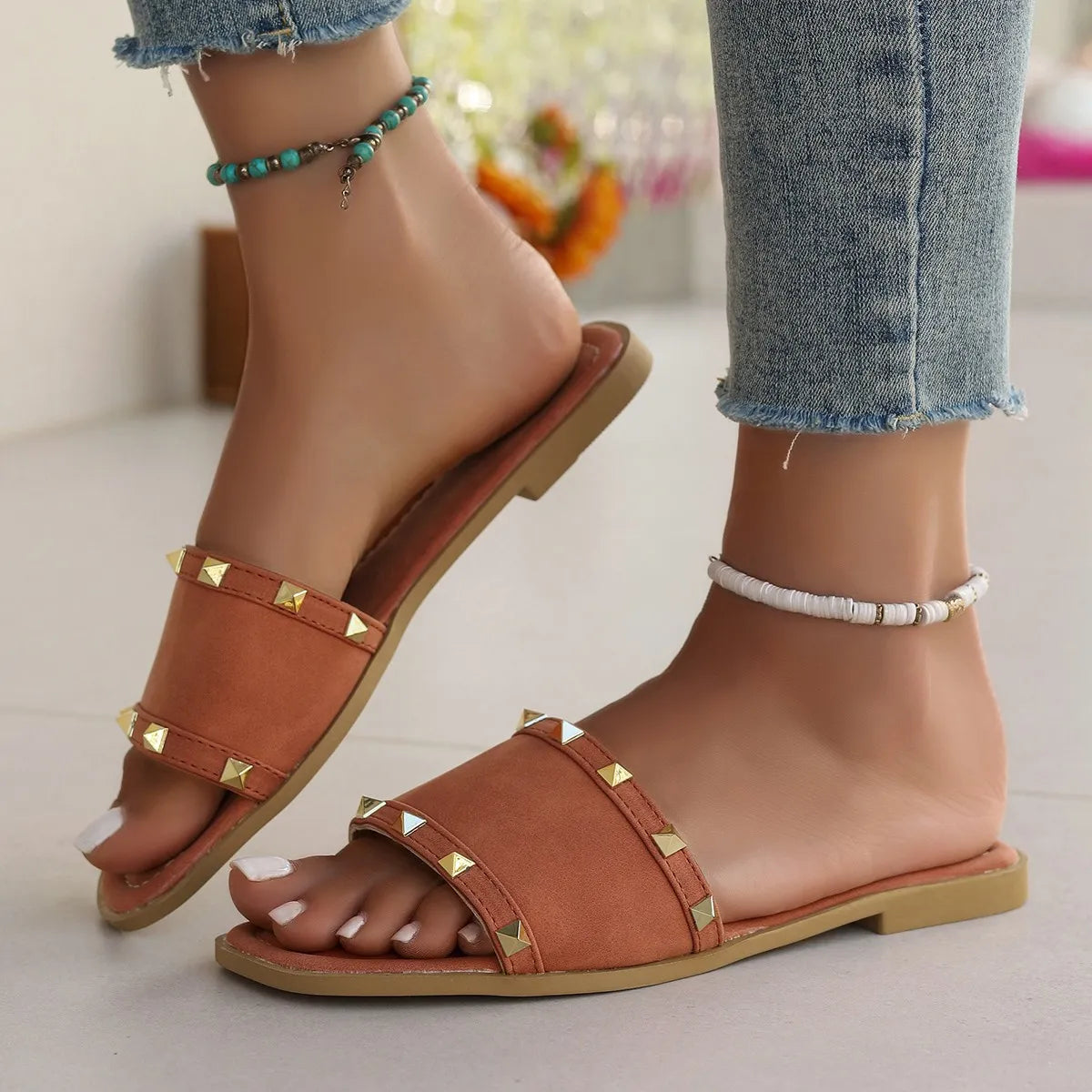 Studded Open Toe Flats Sandals