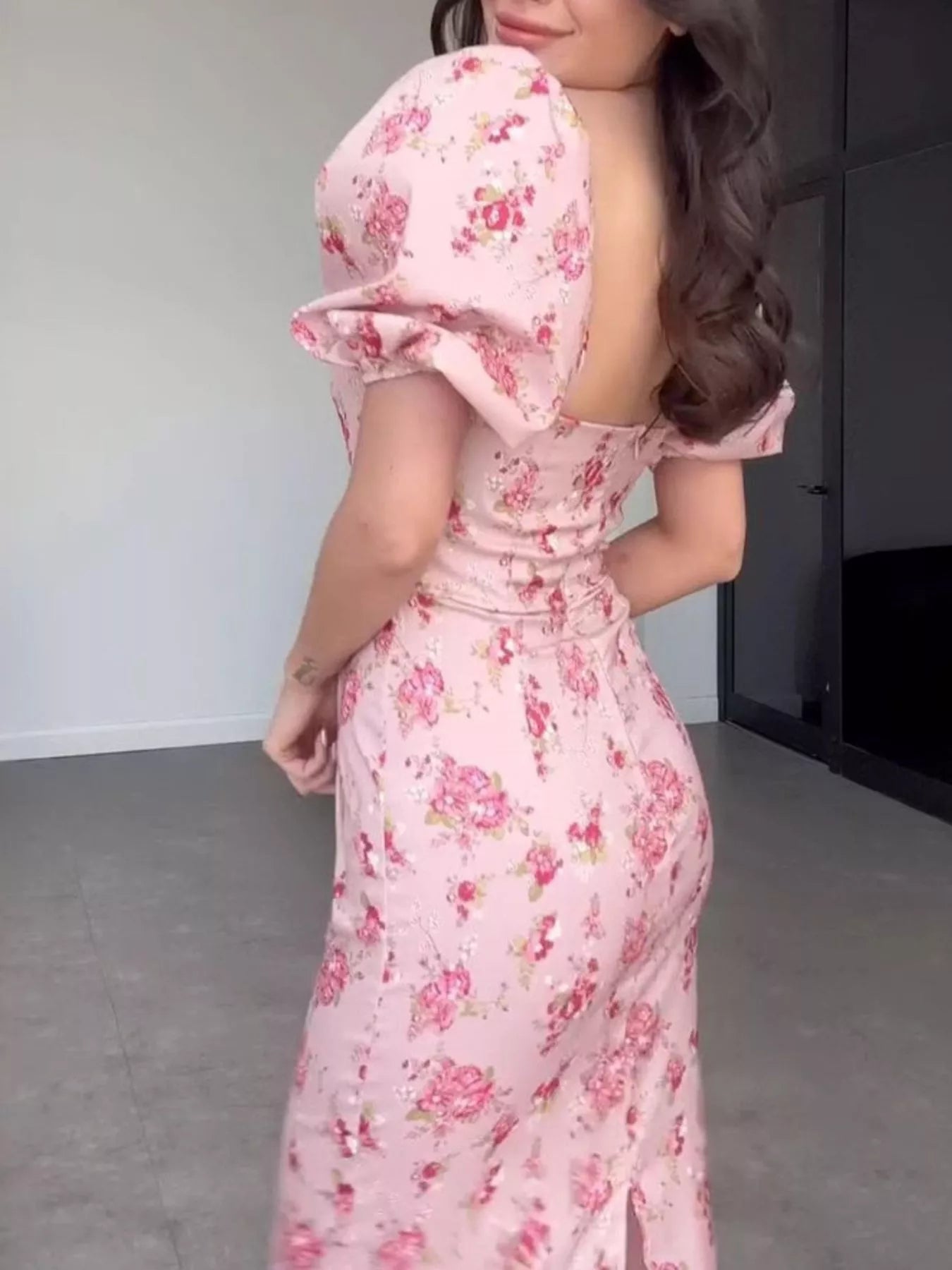 Floral Puff Sleeve Ruched Midi Dress