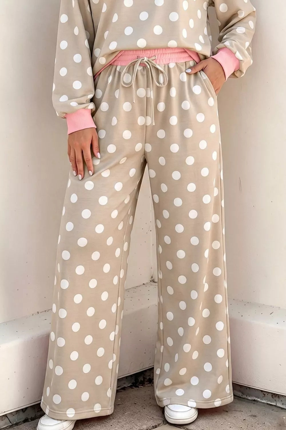 Polka Dot Contrast Trim Long Sleeve Top Drawstring Shift Pants Set