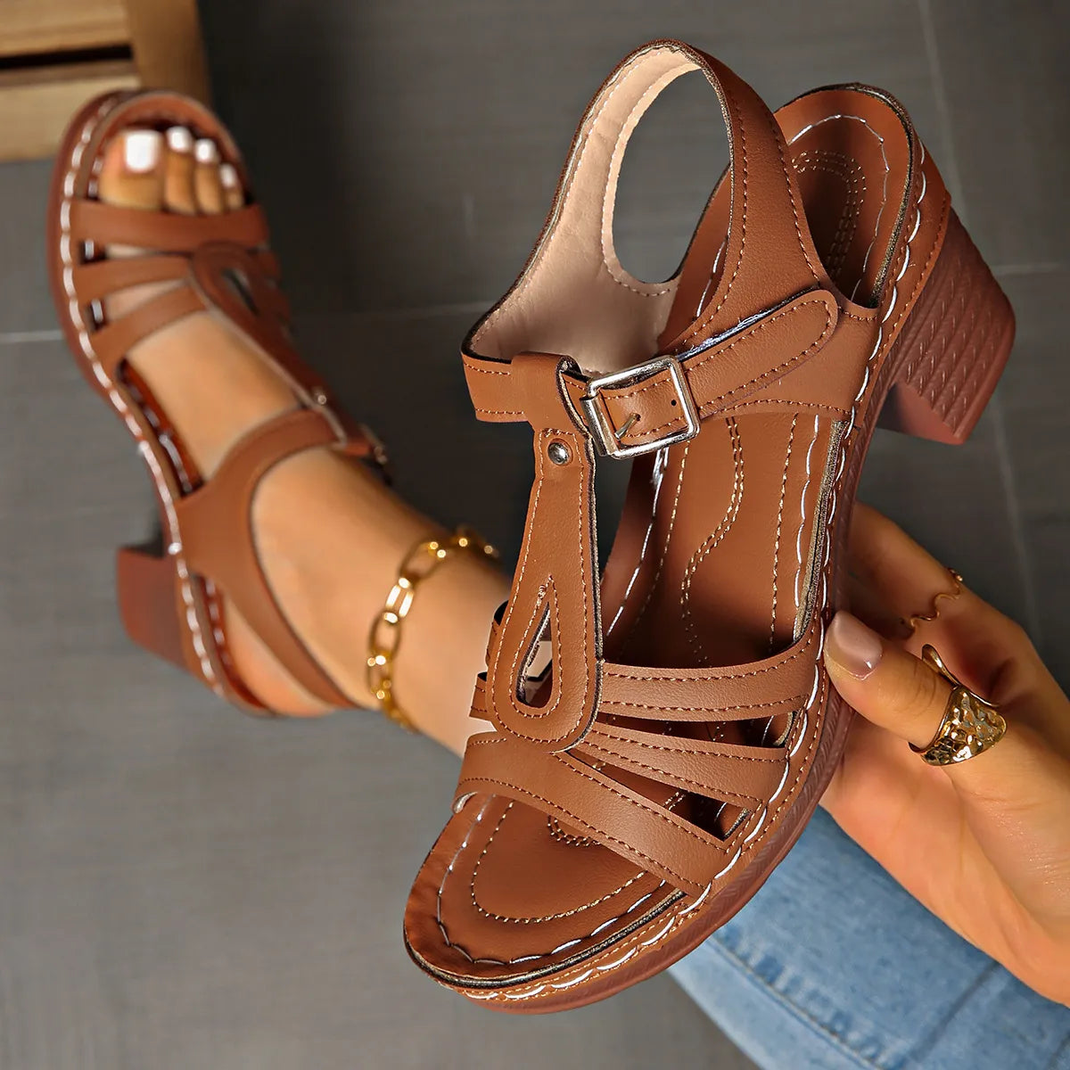 Buckle Strap Block Heel Sandals