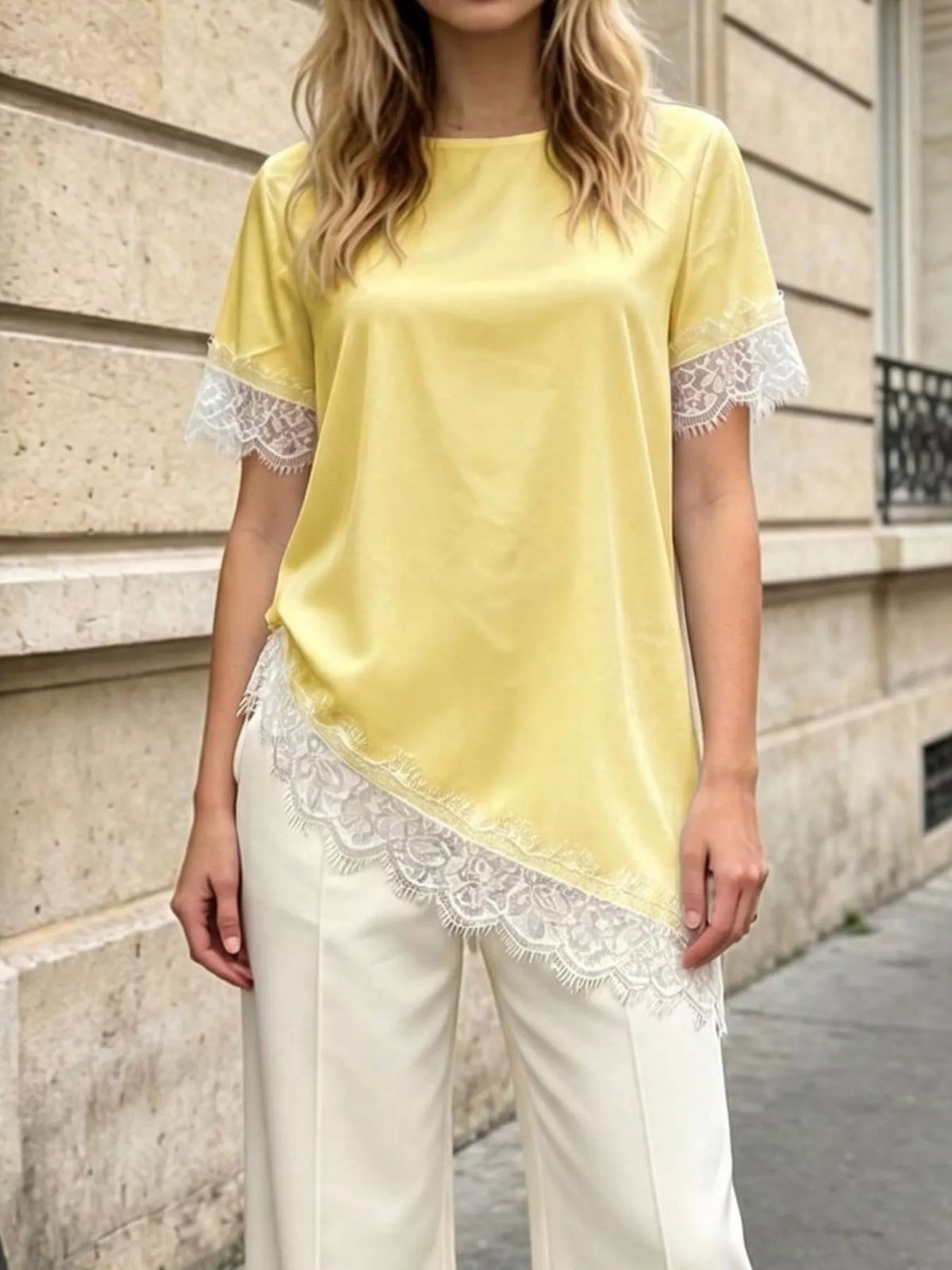 Lace Trim Short Sleeve Satin Top