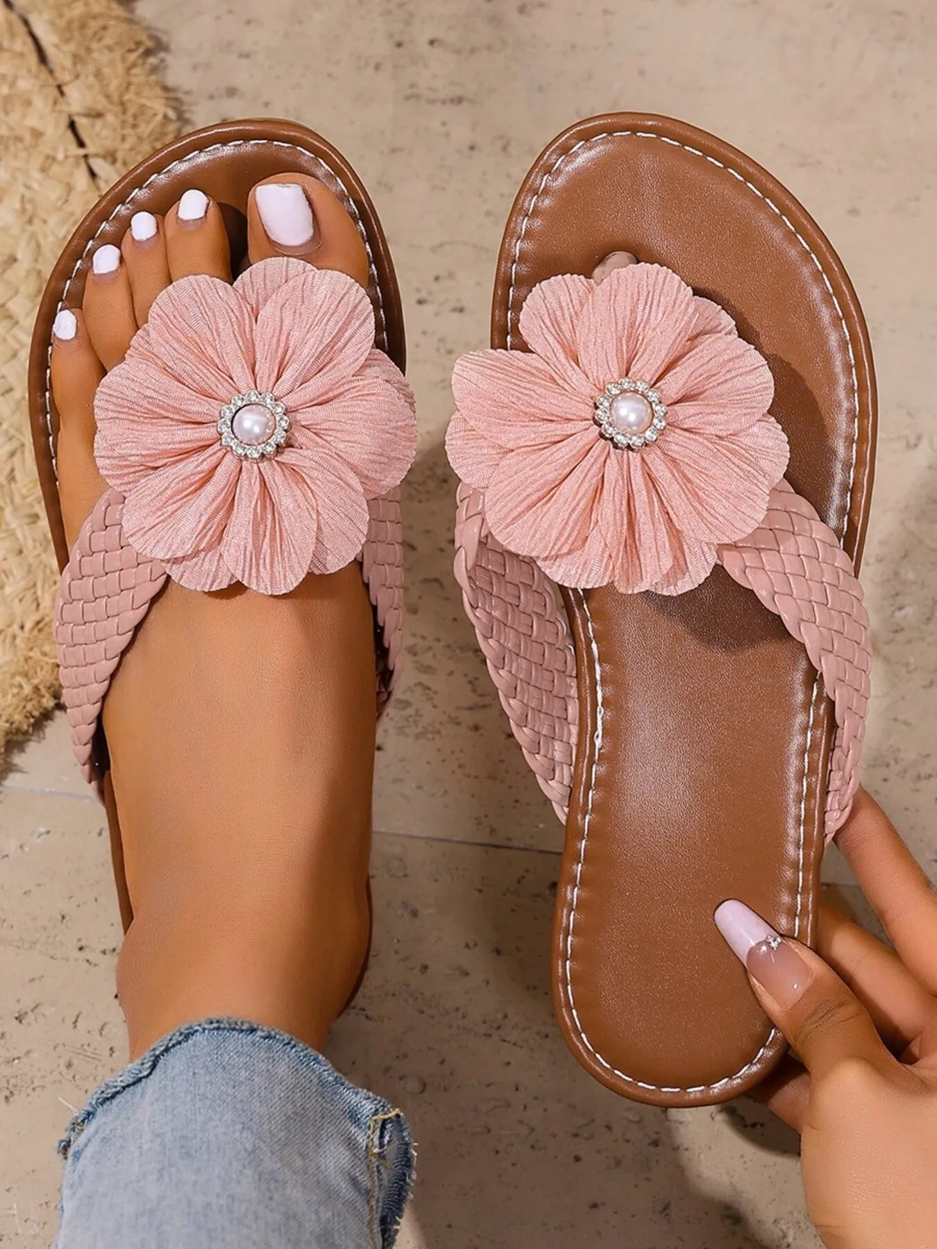 Flower Embellished Toe Post Sandals