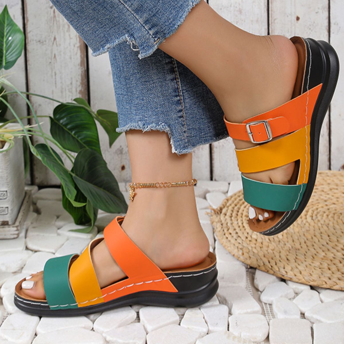 Color Block Adjustable Buckle Comfort Sandals
