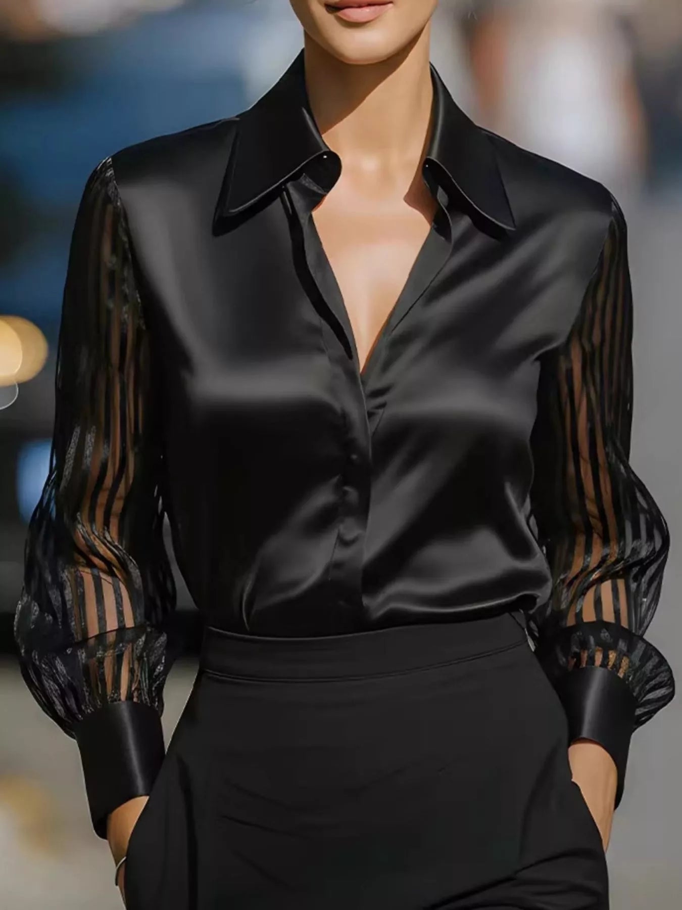 Elegant Shirt with Sheer Striped Sleeves
