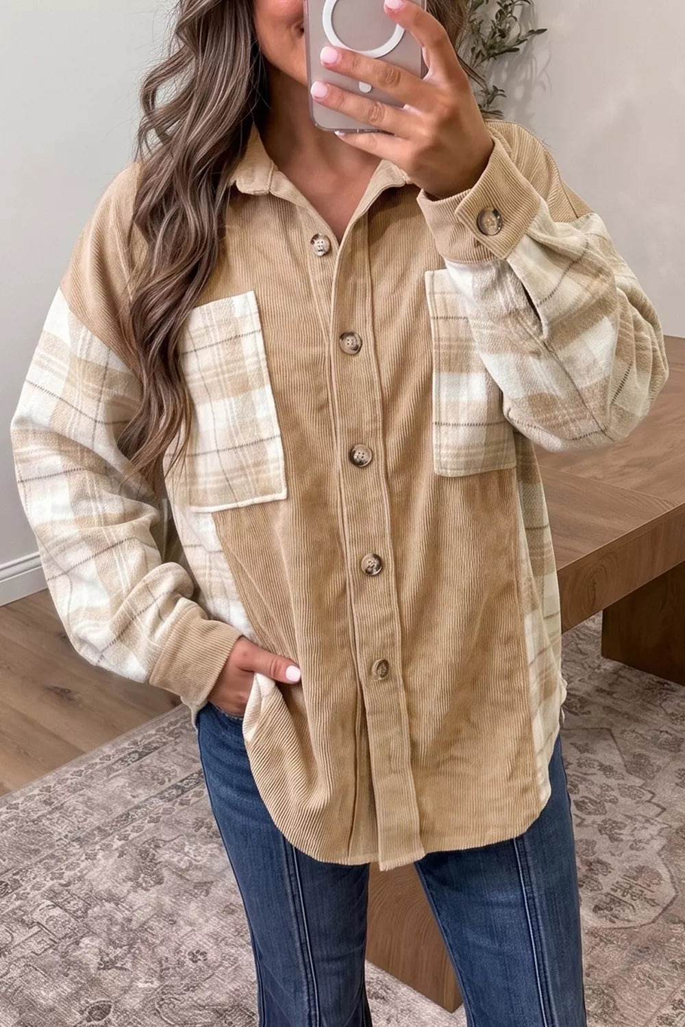 Plaid Colorblock Shirt Collar Shift Shacket