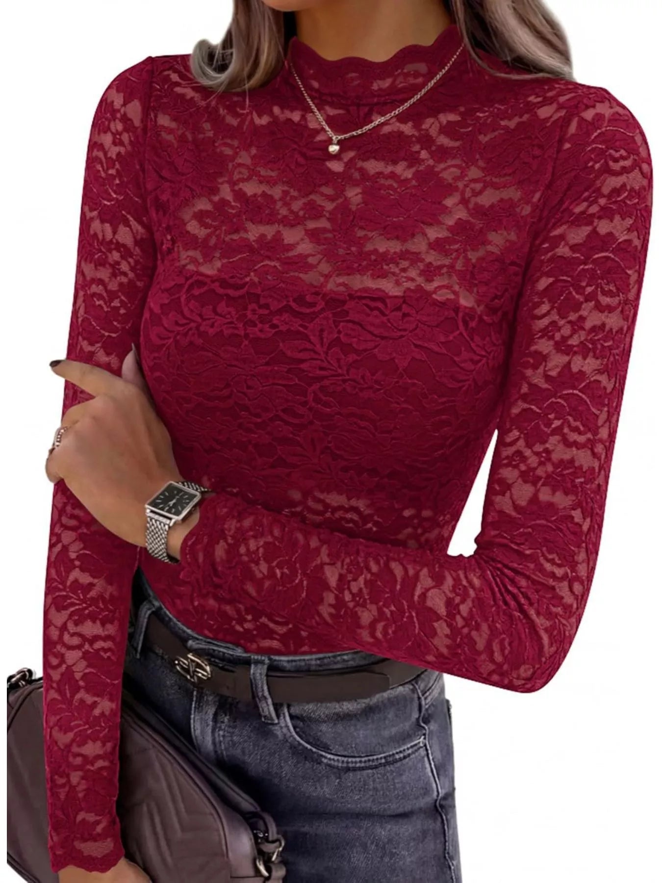 Lace Mock Neck Long Sleeve Top
