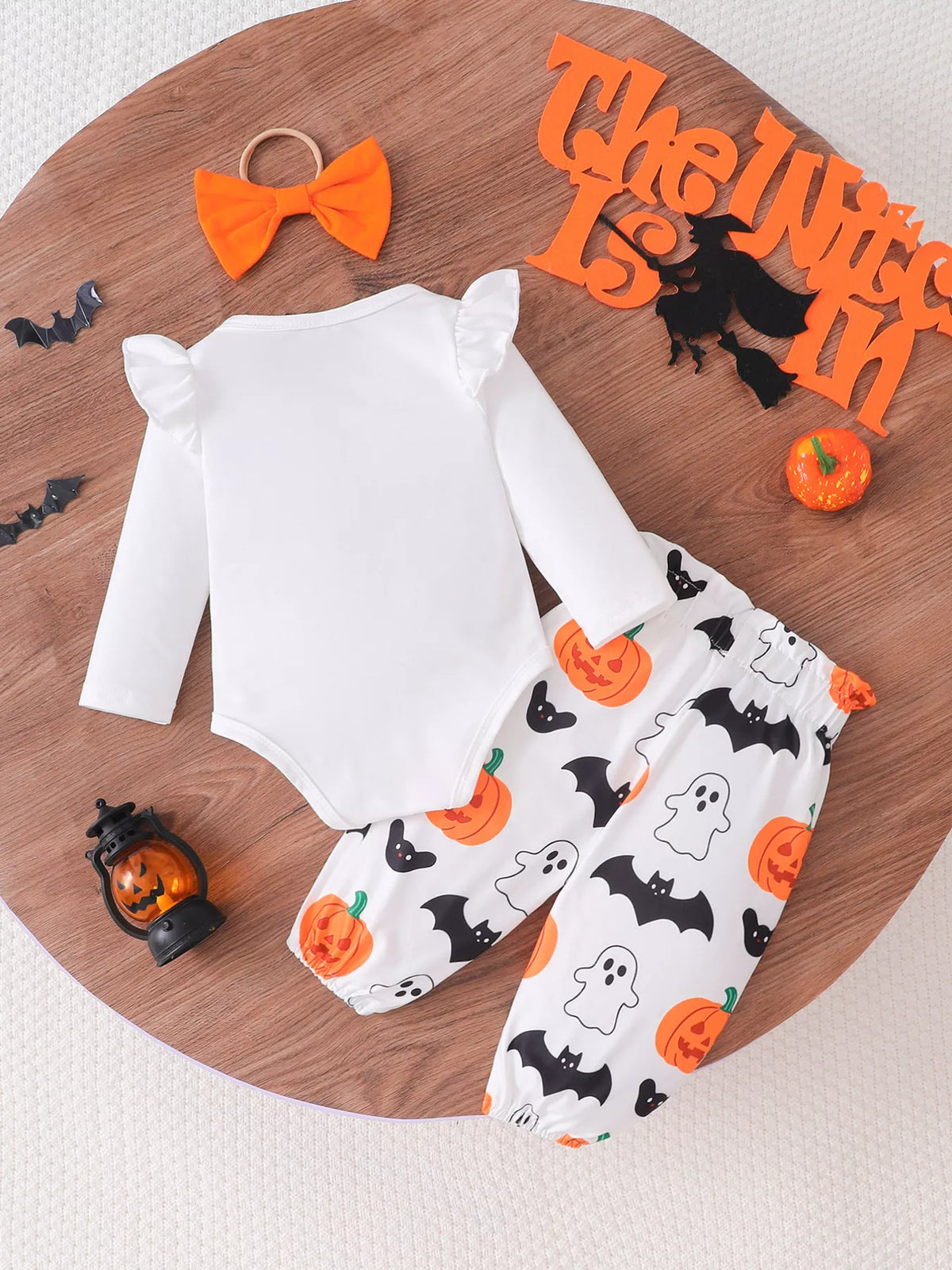 Children's Halloween Skull Print Long Sleeve Bodysuit and Pants Set with Bow Headband