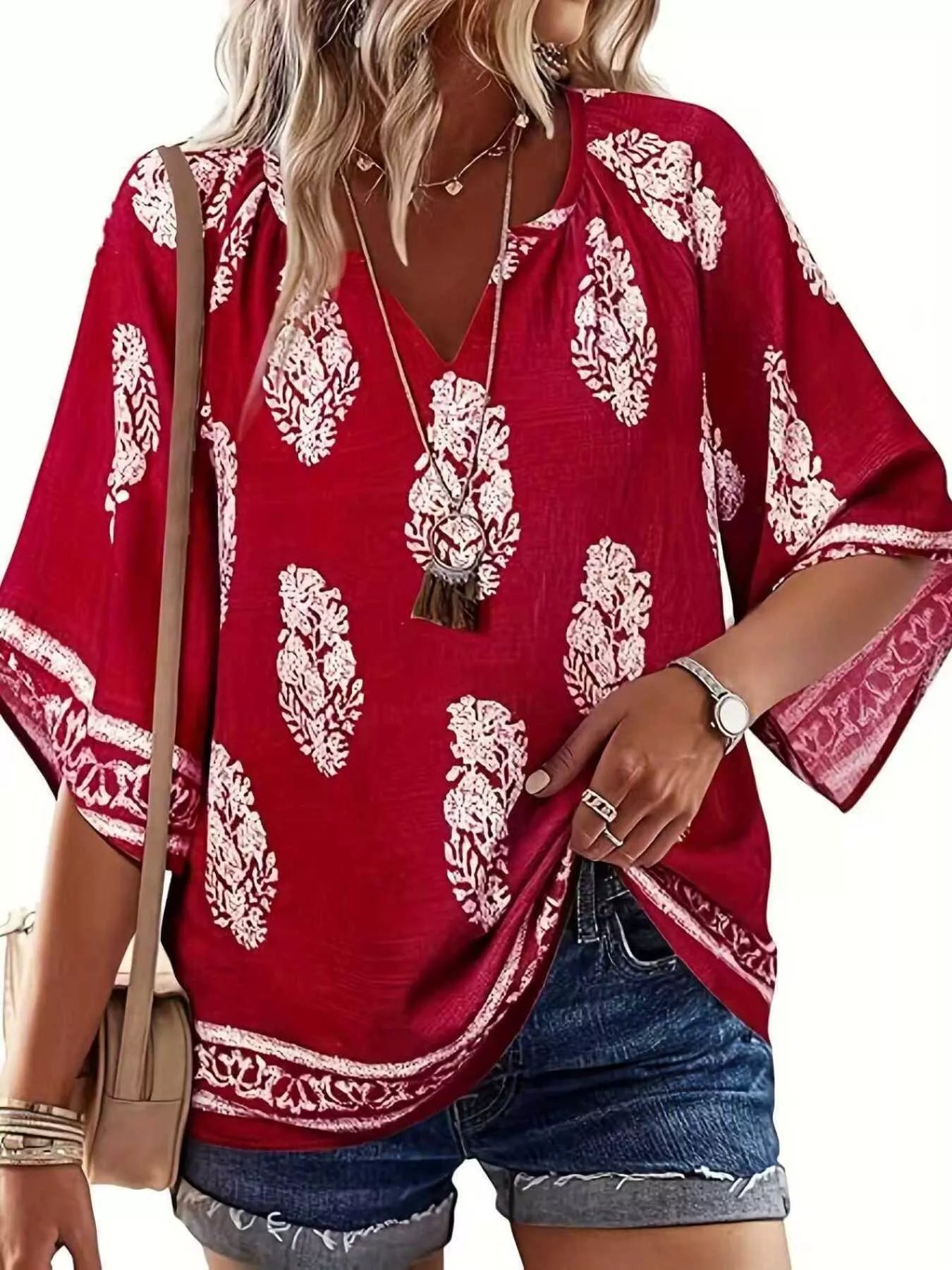 Printed Notched 3/4 Sleeve Blouse