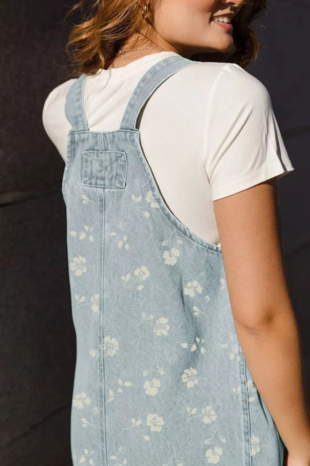 Wash Denim Floral Print Overall Mini Dress