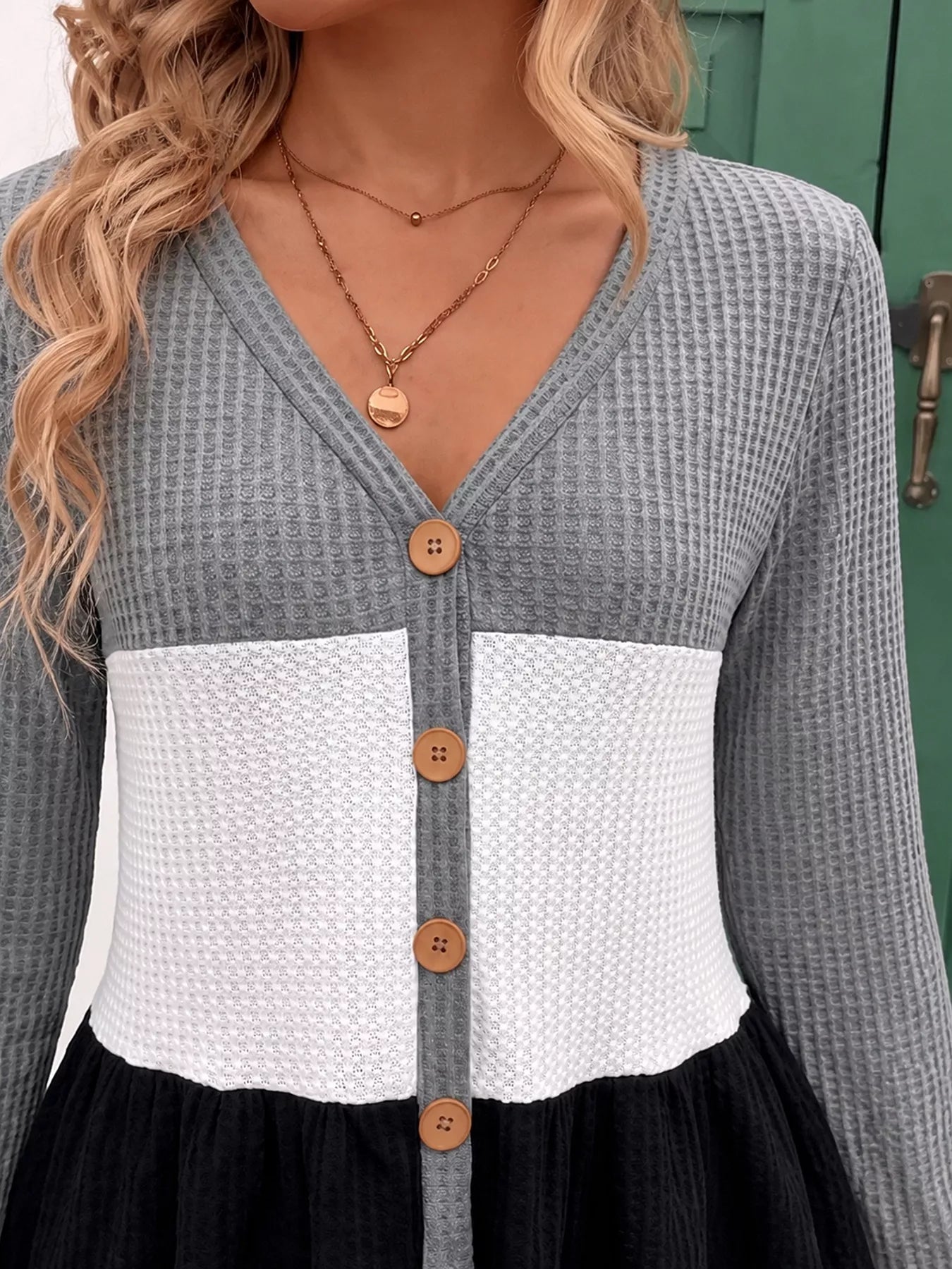 Color Block Waffle Knit Button-Down Cardigan