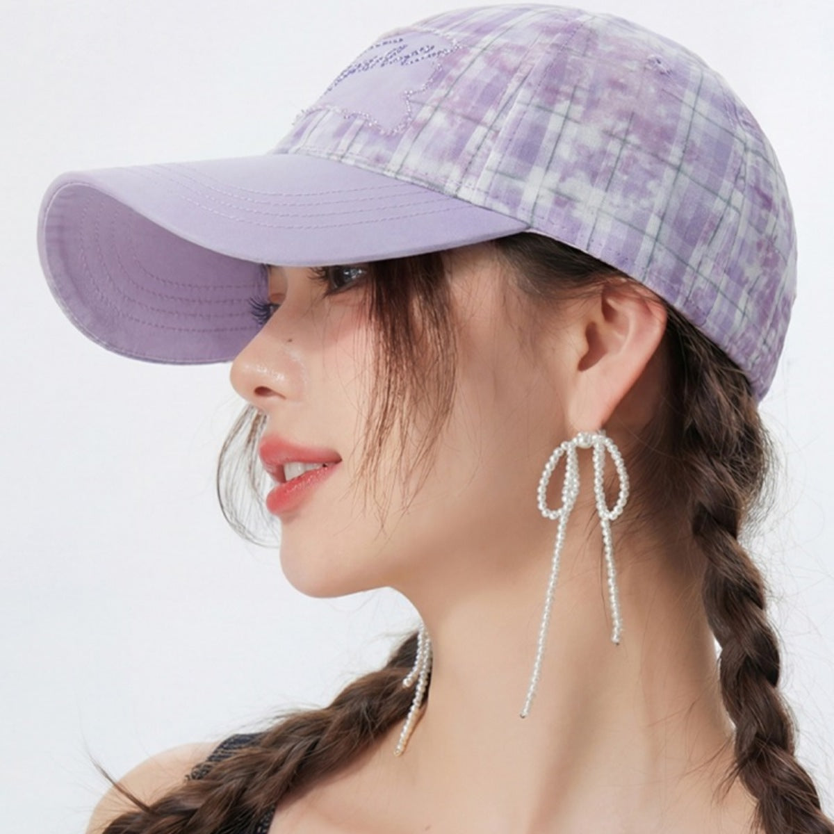 Plaid Baseball Cap with Sequin Detail