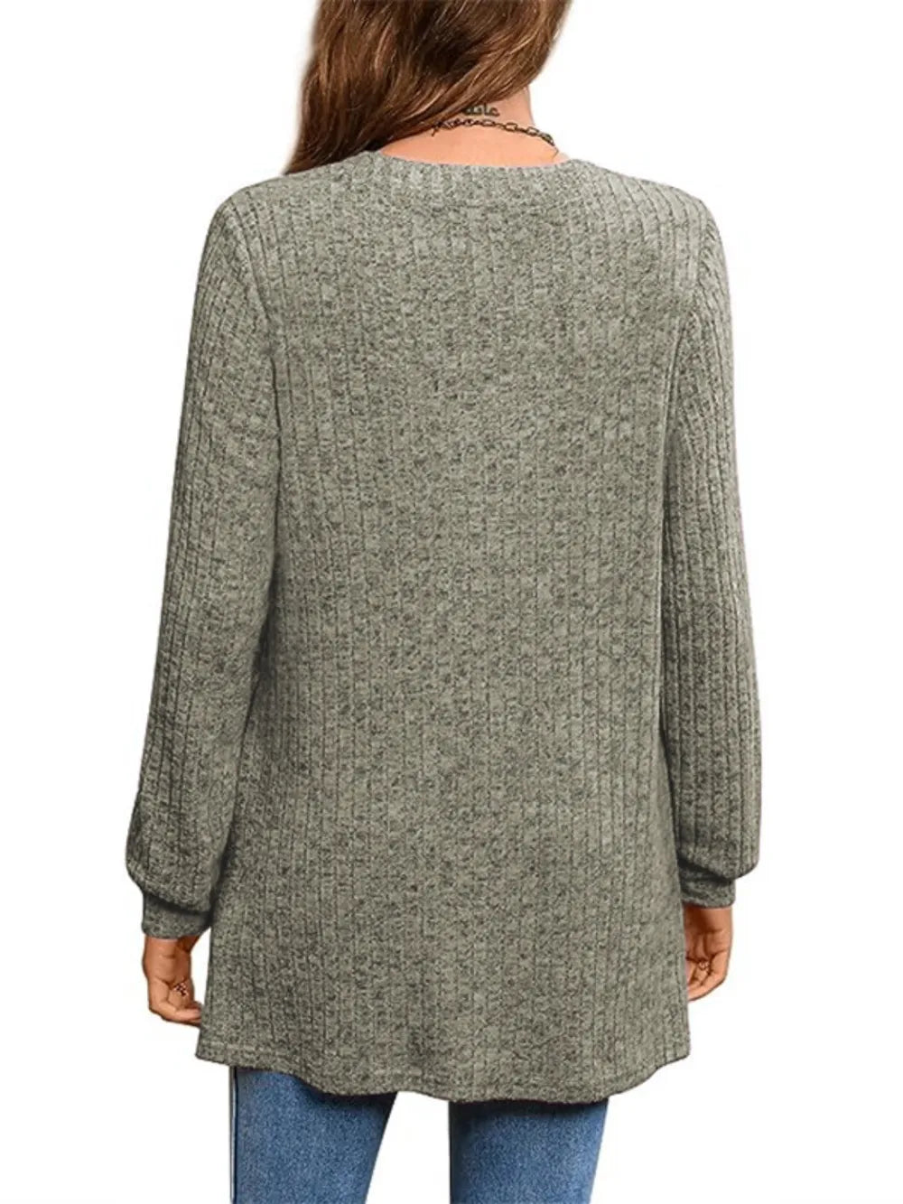 Ribbed Notched Long Sleeve T-Shirt