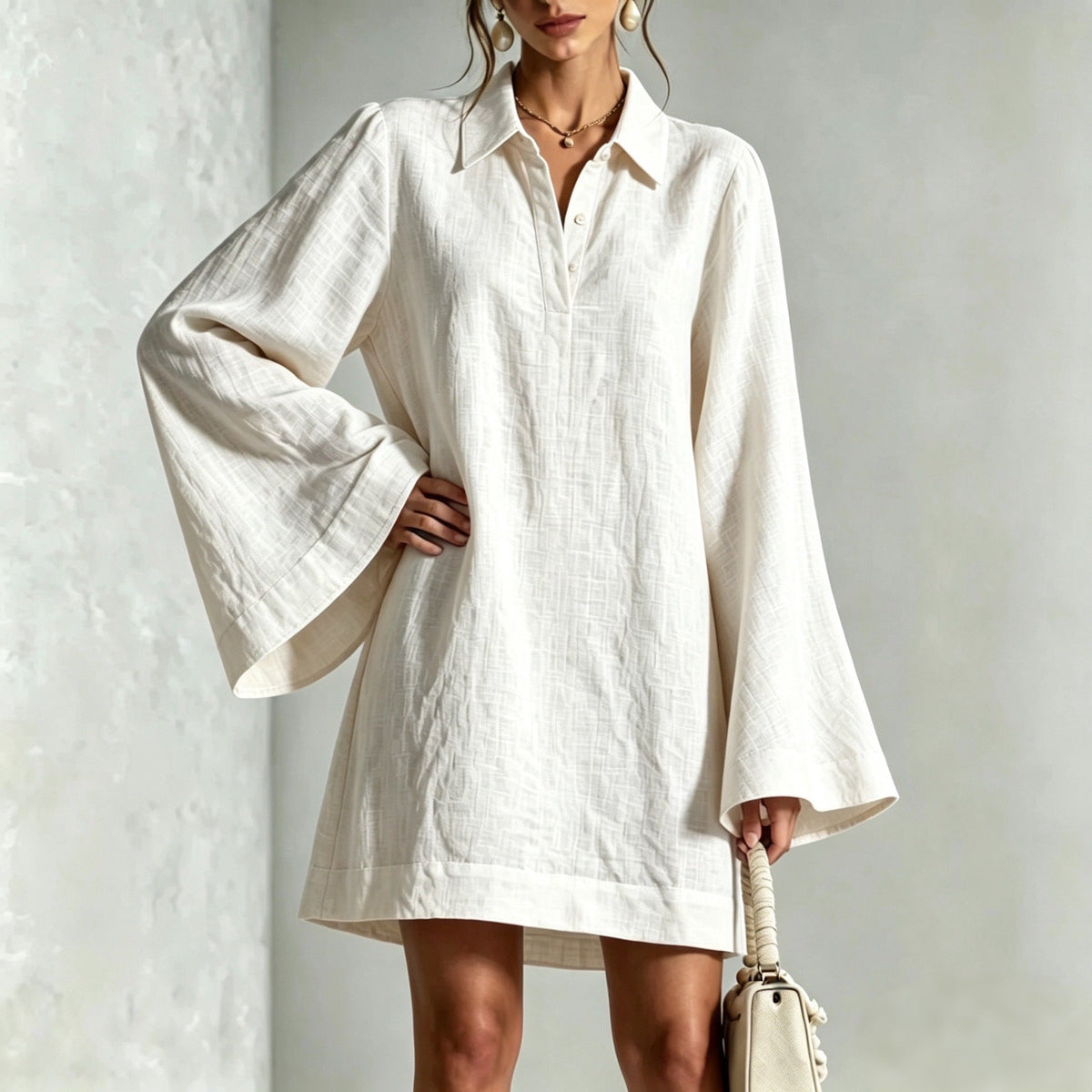 Women's Lapel Collar Flared Sleeve A-Line Midi Dress