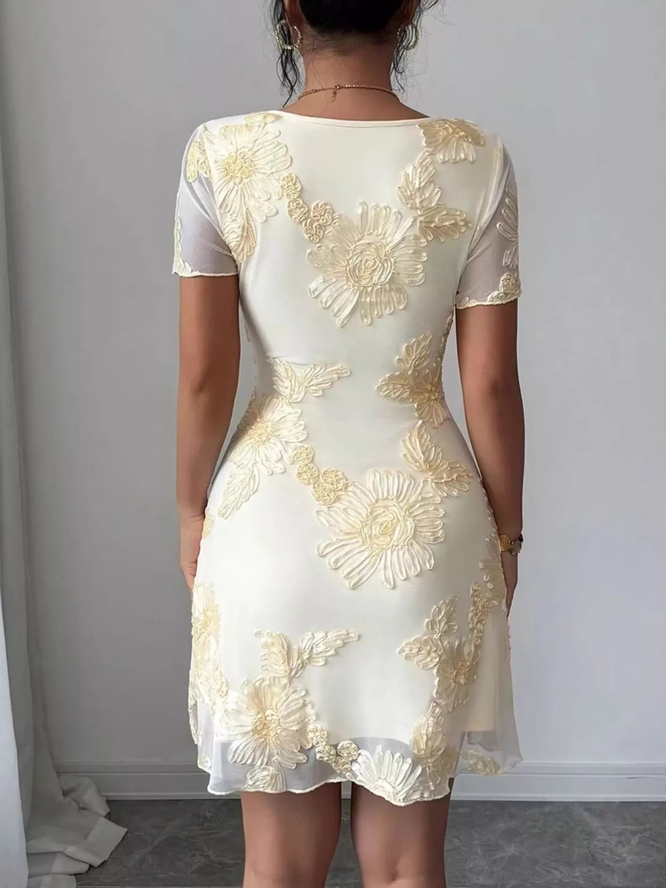Floral Mesh Short Sleeve Mini Dress