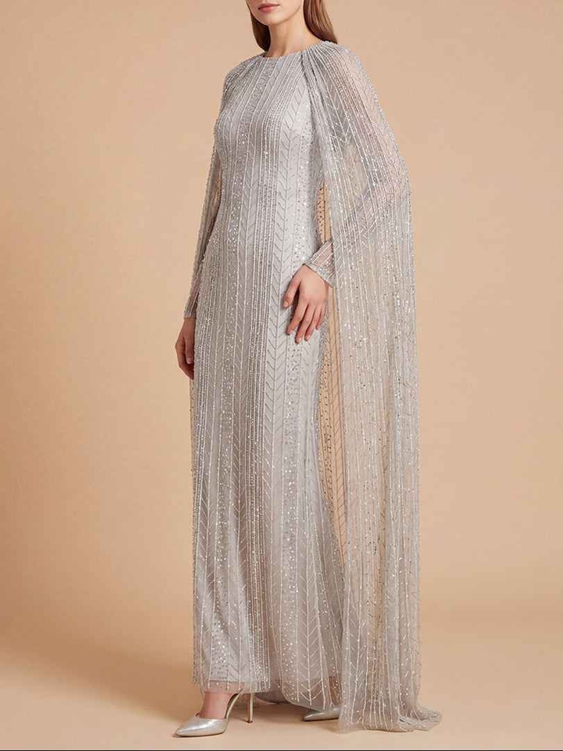 High Neck Linear Beaded Dress with Long Cape | 28837