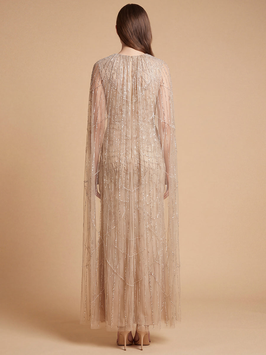 High Neck Beaded Dress with Long Cape | 28840