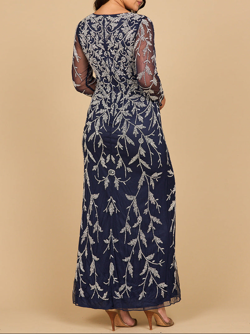 Lara 28870- Long Sleeve Contrast Beaded Gown