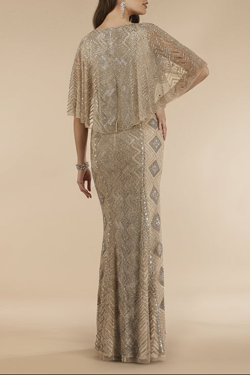 Lara 29397 - Cape Sleeve V-Neck Beaded Gown - OUTLET